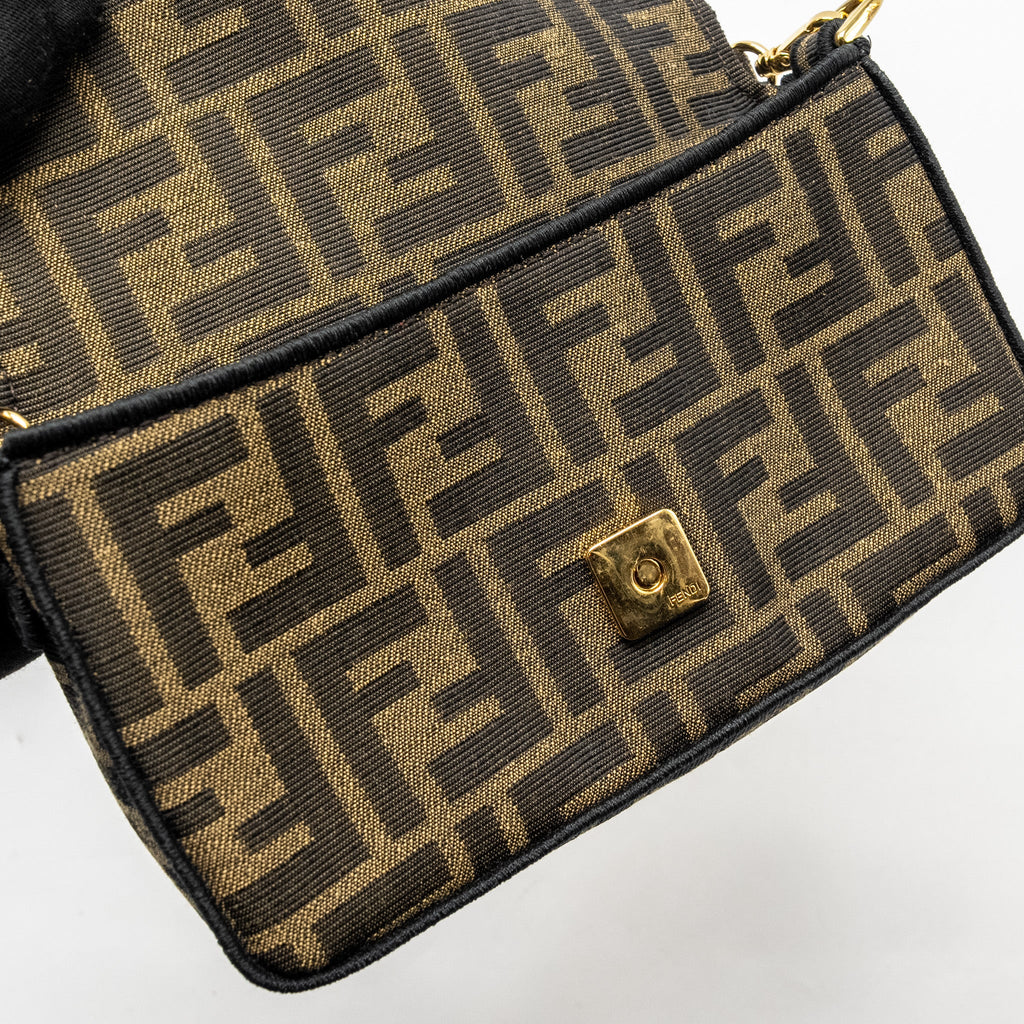 FENDI MINI BAGUETTE BAG FF JACQUARD FABRIC BROWN GHW