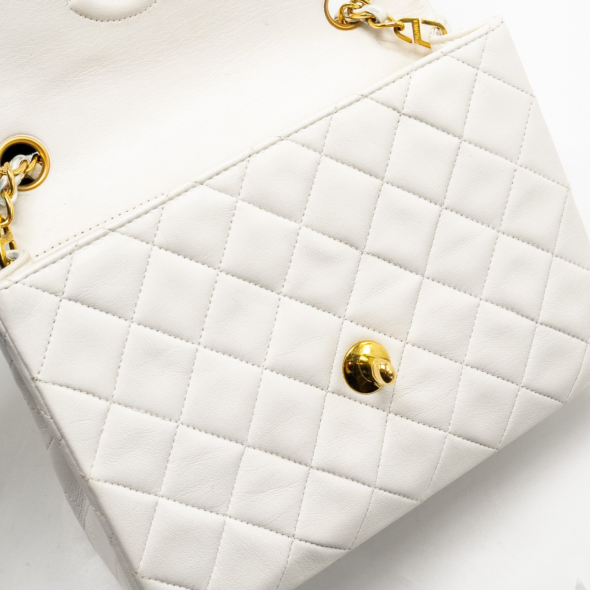 CHANEL VINTAGE QUILTED SQUARE FLAP BAG LAMBSKIN WHITE GHW