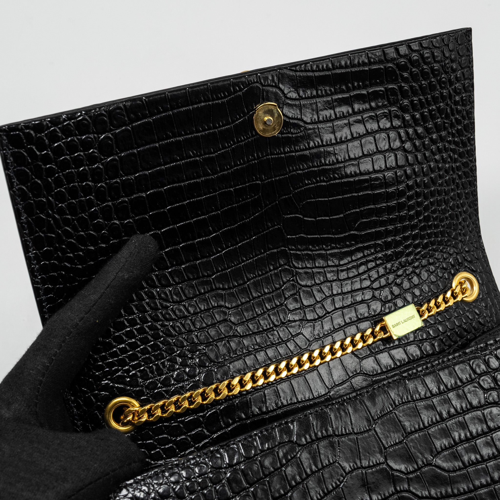 SAINT LAURENT/YSL KATE TASSEL BAG CROC-EMBOSSED CALFSKIN BLACK GHW