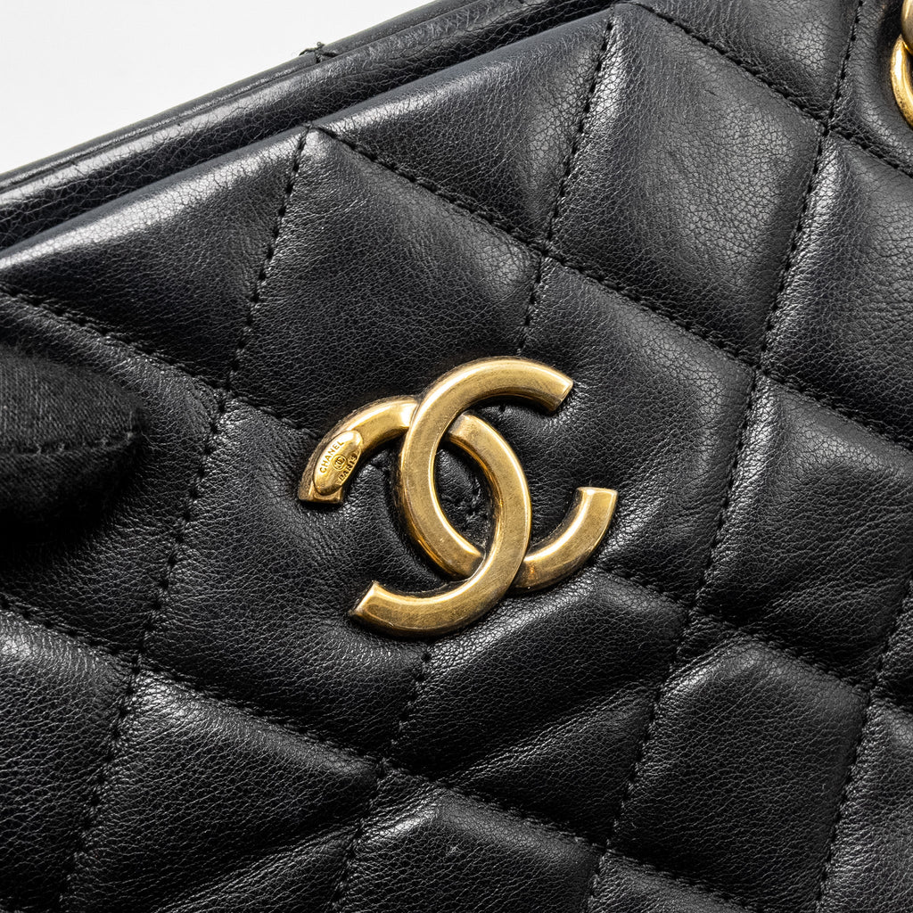 CHANEL SMALL QUILTED CC CROWN TOTE BAG CALFSKIN BLACK BRUSHED GHW