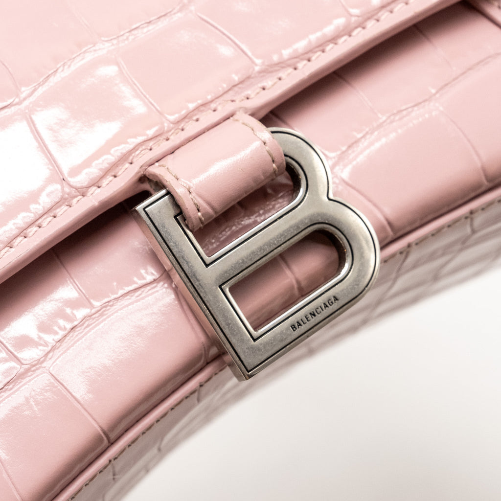 BALENCIAGA HOURGLASS S CROC-EMBOSSED CALFSKIN PINK SHW