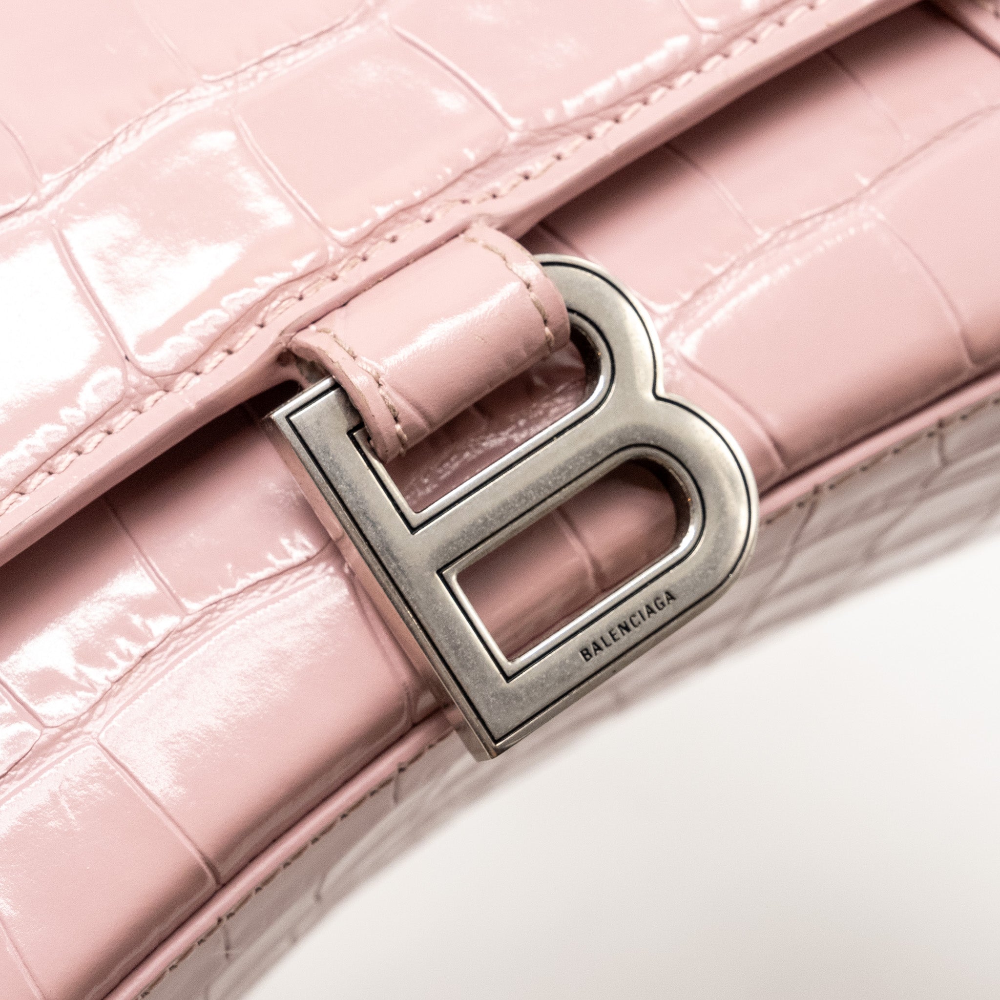 BALENCIAGA HOURGLASS S CROC-EMBOSSED CALFSKIN PINK SHW