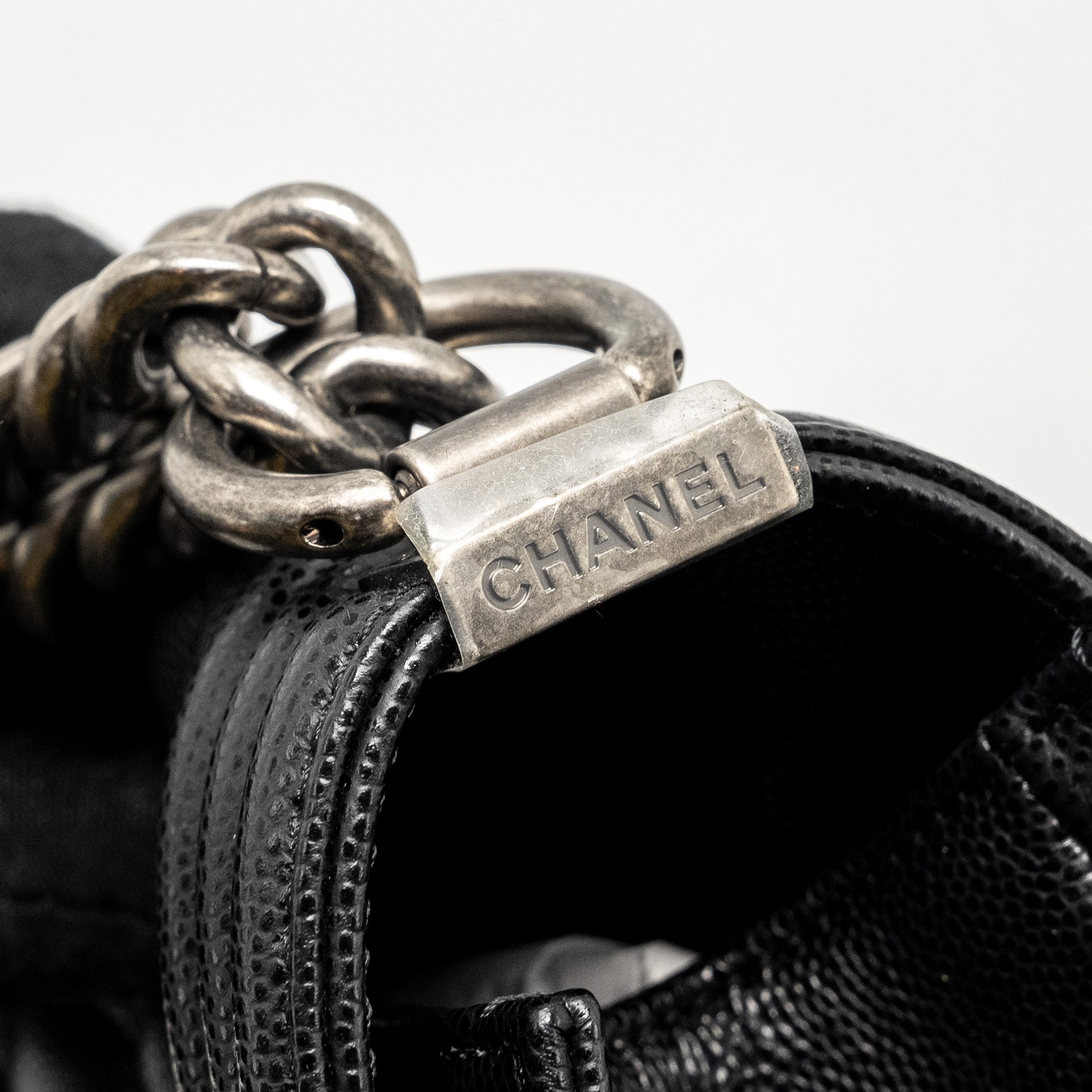 CHANEL MEDIUM BOY BAG CAVIAR BLACK RUTHENIUM SILVER HARDWARE (MICROCHIP)