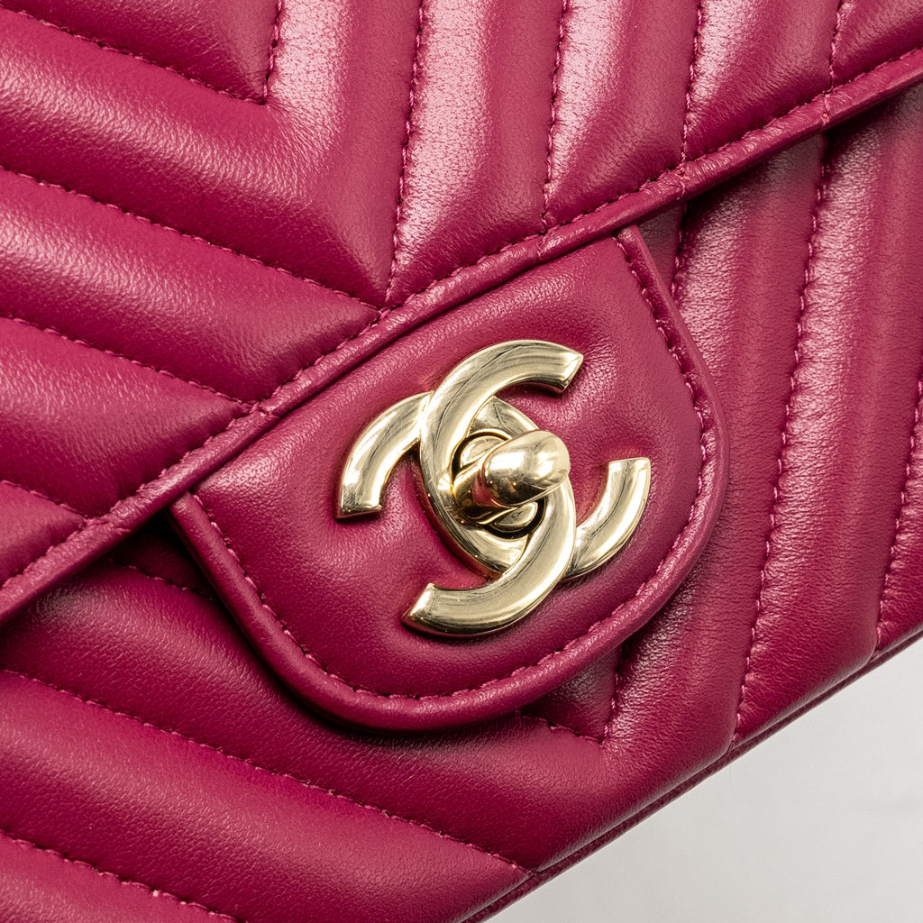 CHANEL MINI SQUARE CHEVRON LAMBSKIN RASPBERRY RED LGHW