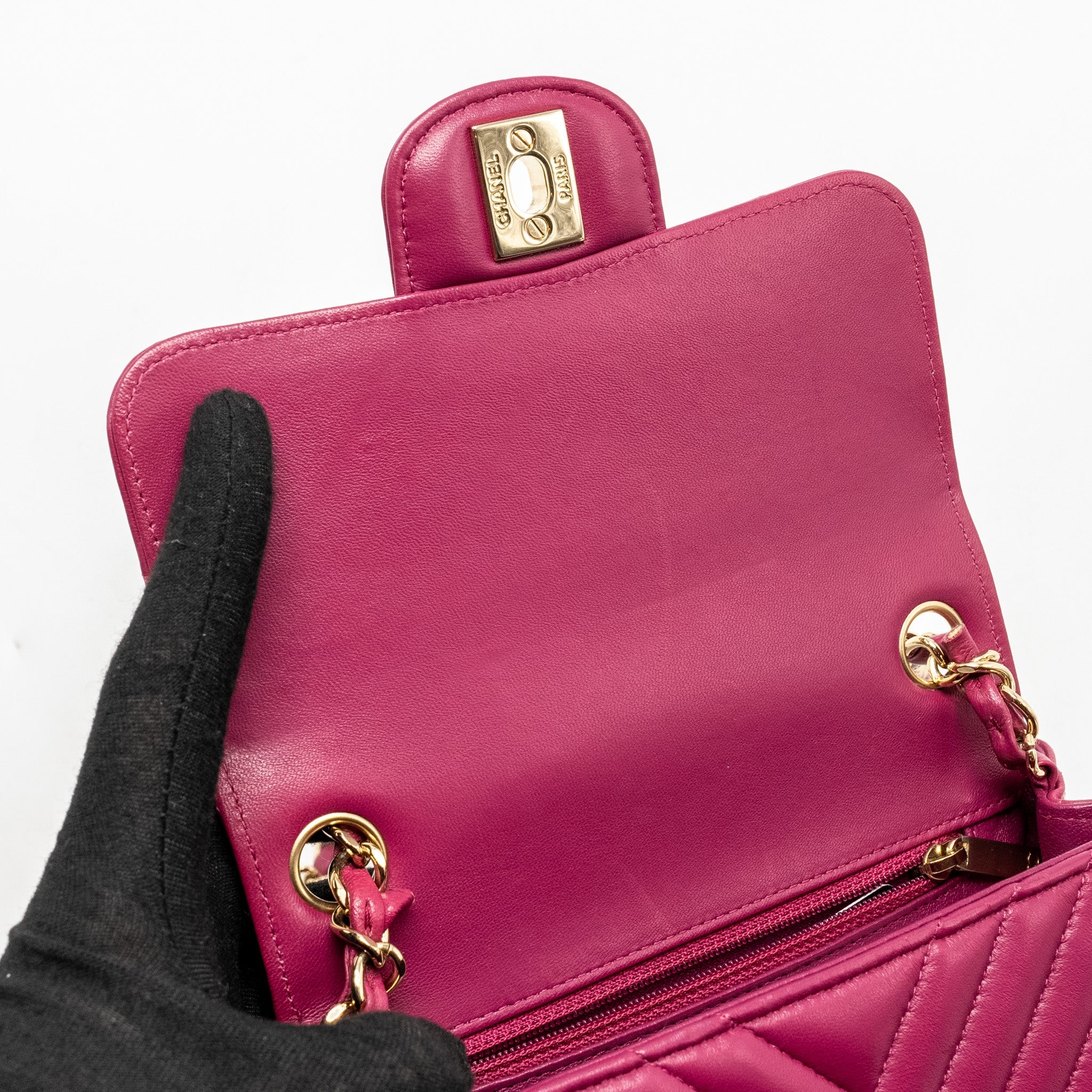 CHANEL MINI SQUARE CHEVRON LAMBSKIN RASPBERRY RED LGHW