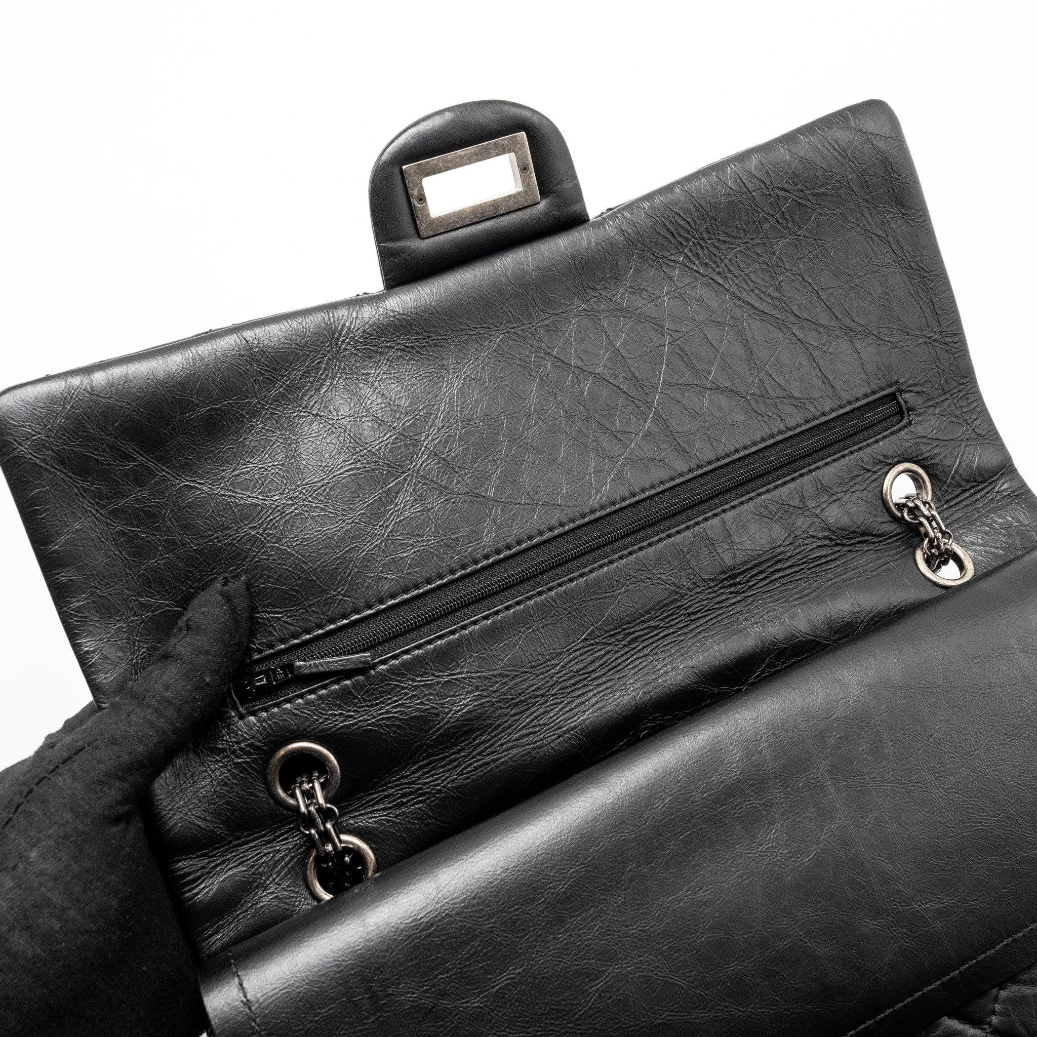 CHANEL 2.55 227 REISSUE FLAP BAG AGED CALFSKIN BLACK RUTHENIUM HARDWARE
