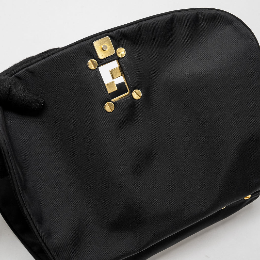 FENDI VINTAGE FF FLAP SHOULDER BAG NYLON BLACK GHW
