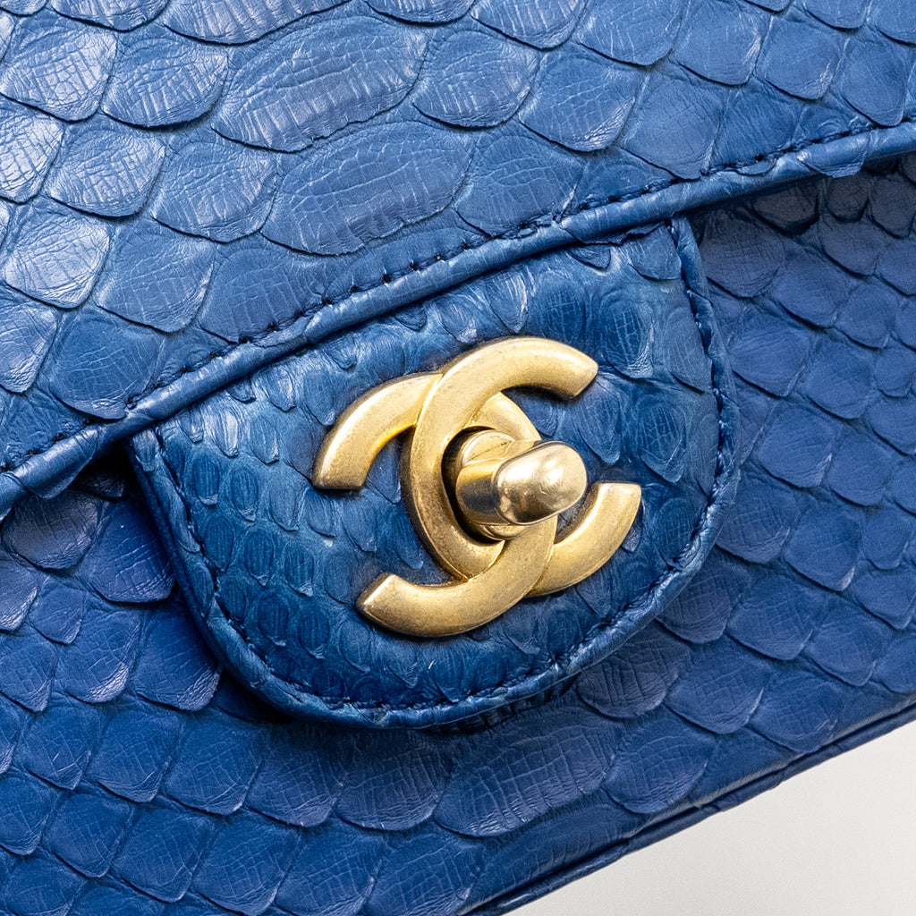 CHANEL MINI RECTANGULAR FLAP BAG PYTHON BLUE GHW