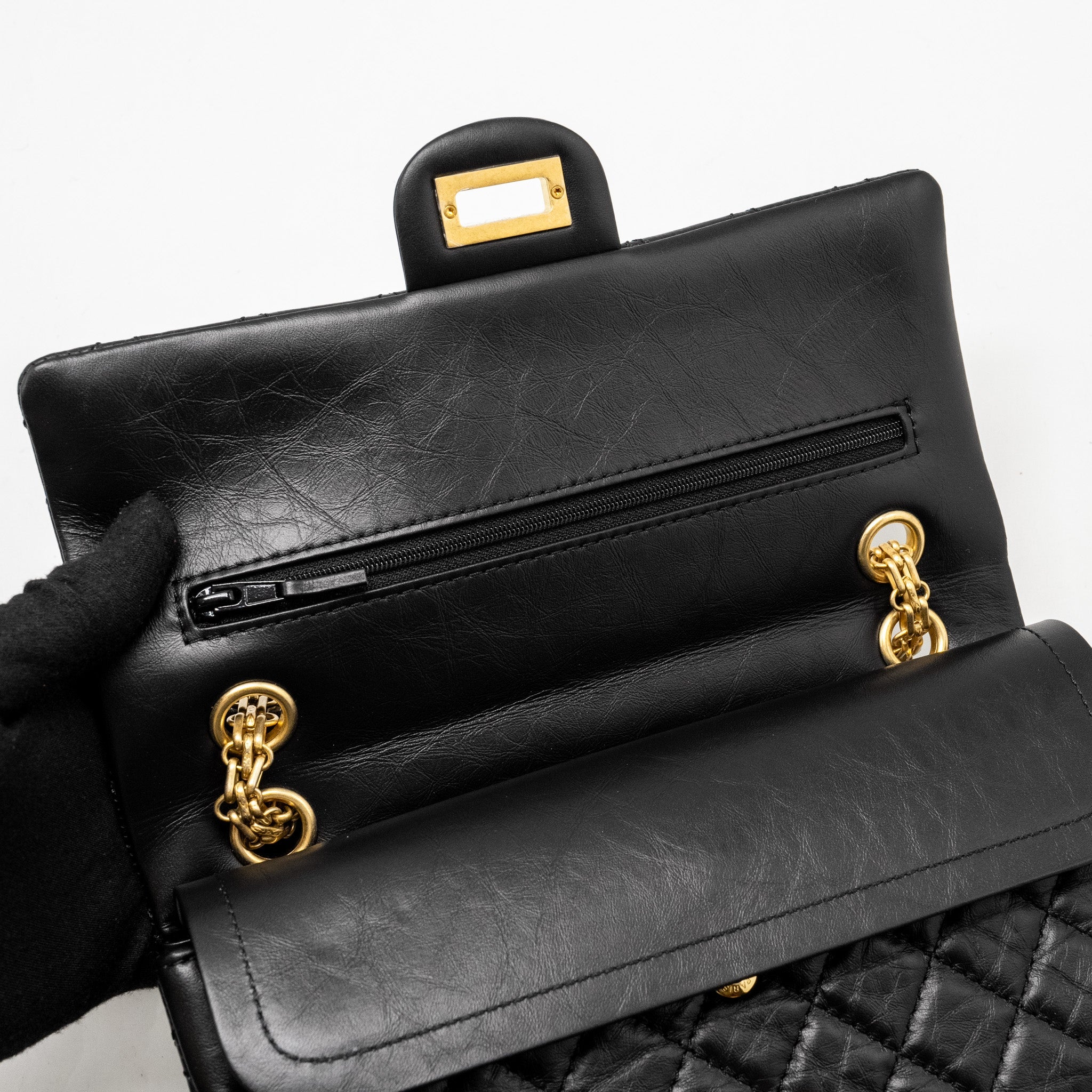 CHANEL SMALL 2.55 REISSUE DOUBLE FLAP BAG AGED CALFSKIN BLACK GHW (MICROCHIP)