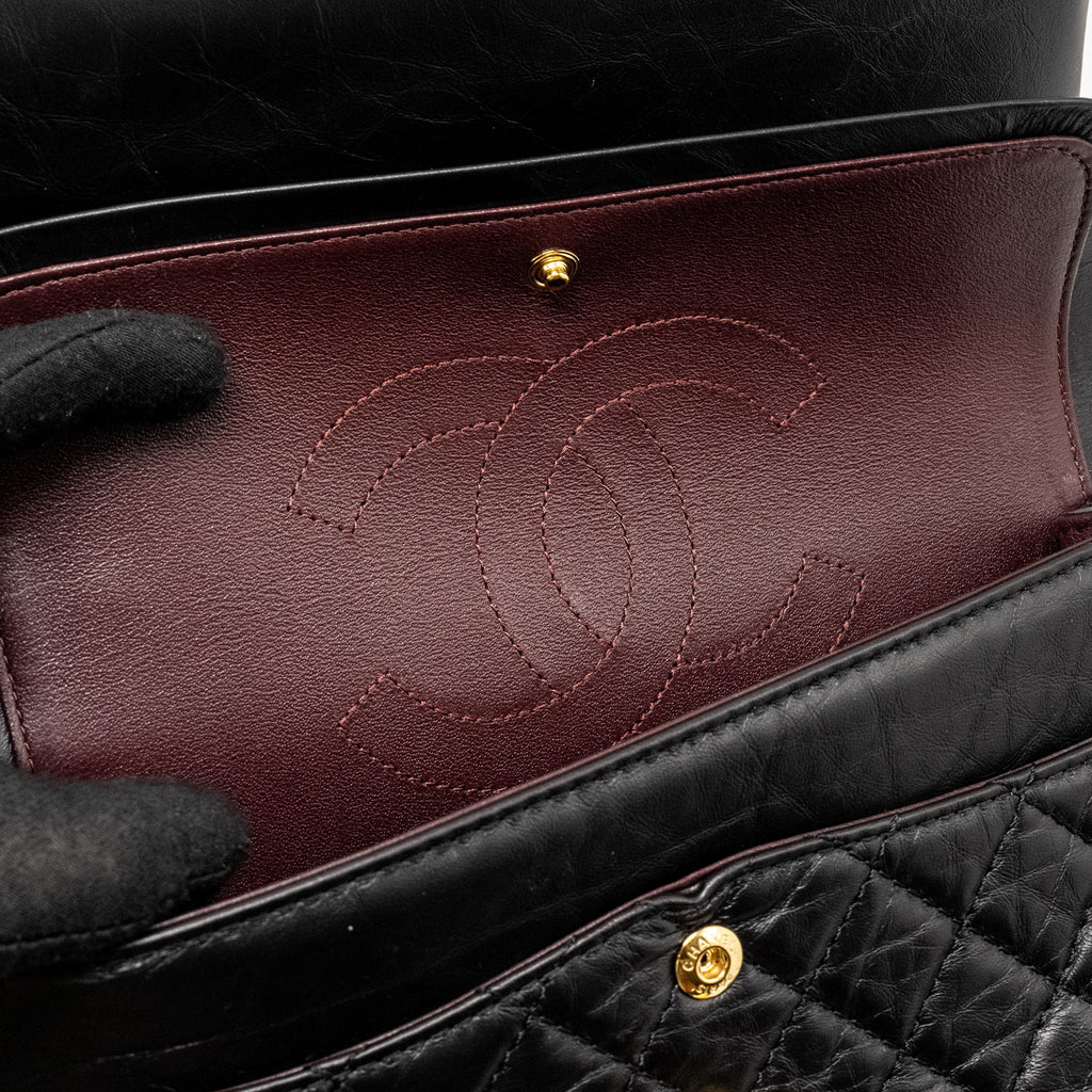 CHANEL SMALL 2.55 REISSUE DOUBLE FLAP BAG AGED CALFSKIN BLACK GHW (MICROCHIP)