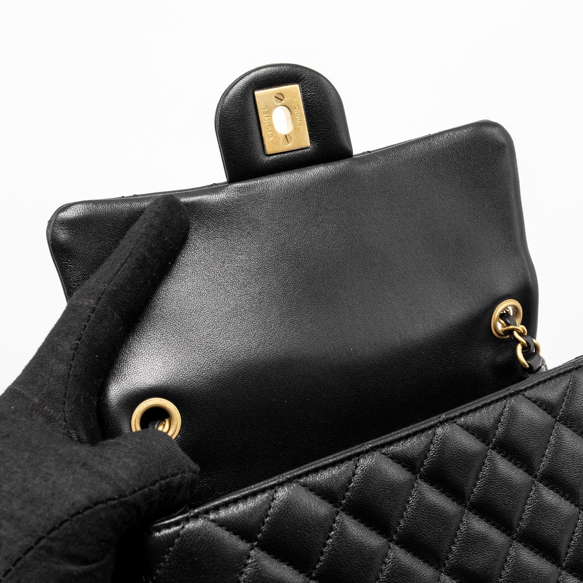 CHANEL 24K PEARL CRUSH MINI RECTANGULAR FLAP BAG SHINY LAMBSKIN BLACK GHW (MICROCHIP)