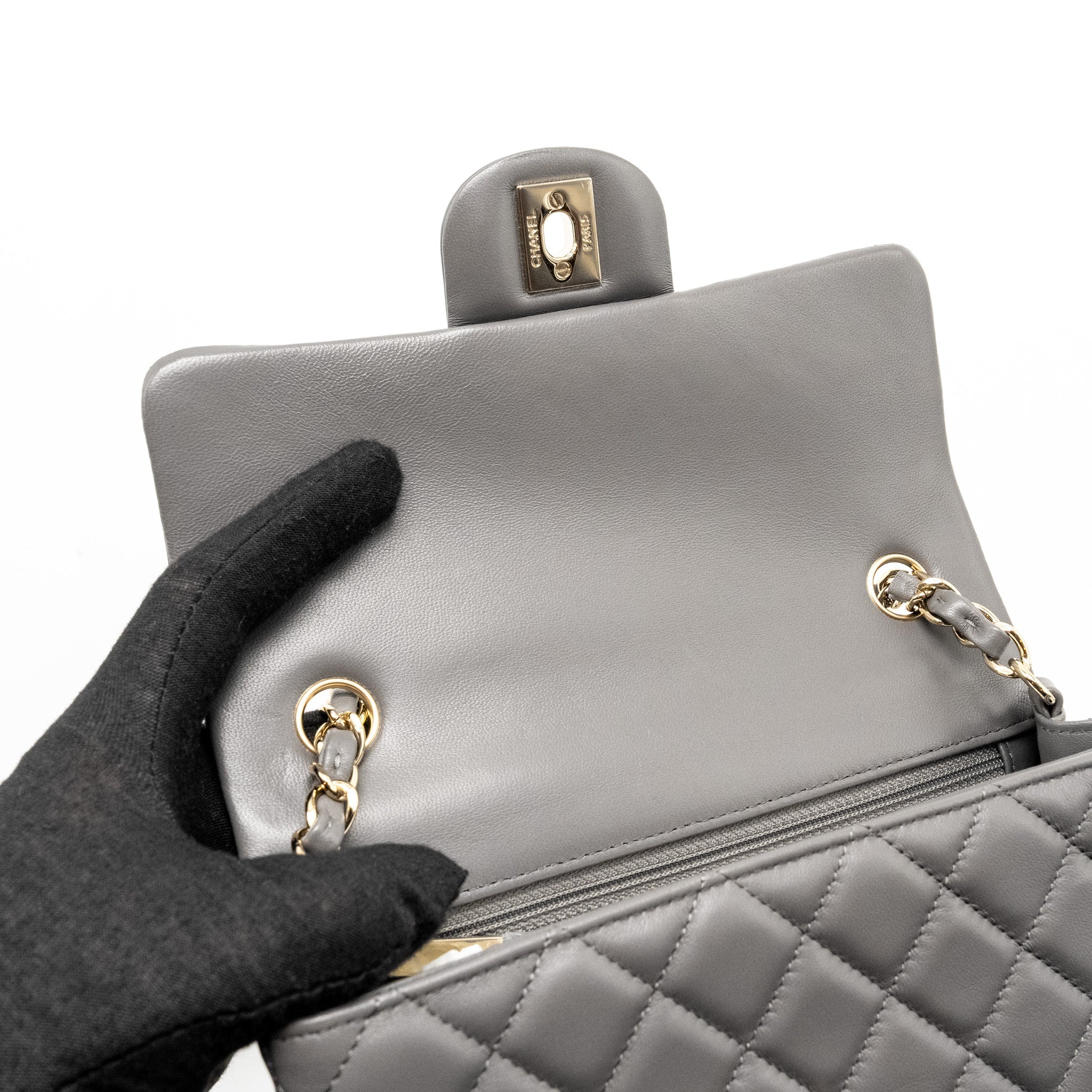 CHANEL MINI RECTANGULAR FLAP BAG LAMBSKIN GREY LGHW (MICROCHIP)