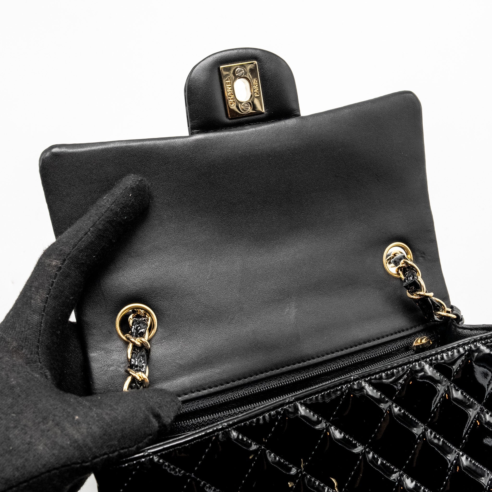 CHANEL MINI RECTANGULAR FLAP BAG PATENT BLACK LGHW