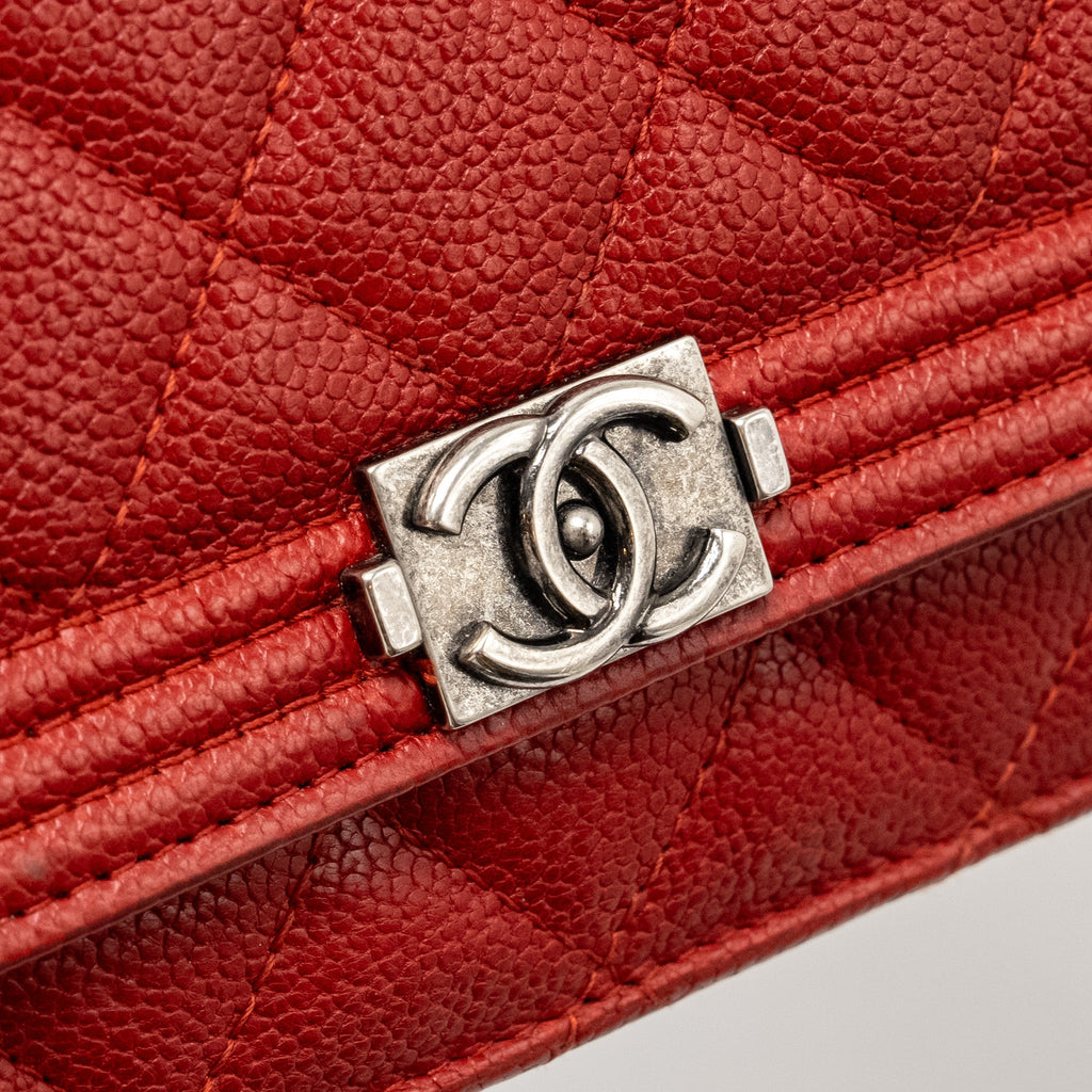 CHANEL BOY WALLET ON CHAIN CAVIAR RED RUTHENIUM SILVER HARDWARE