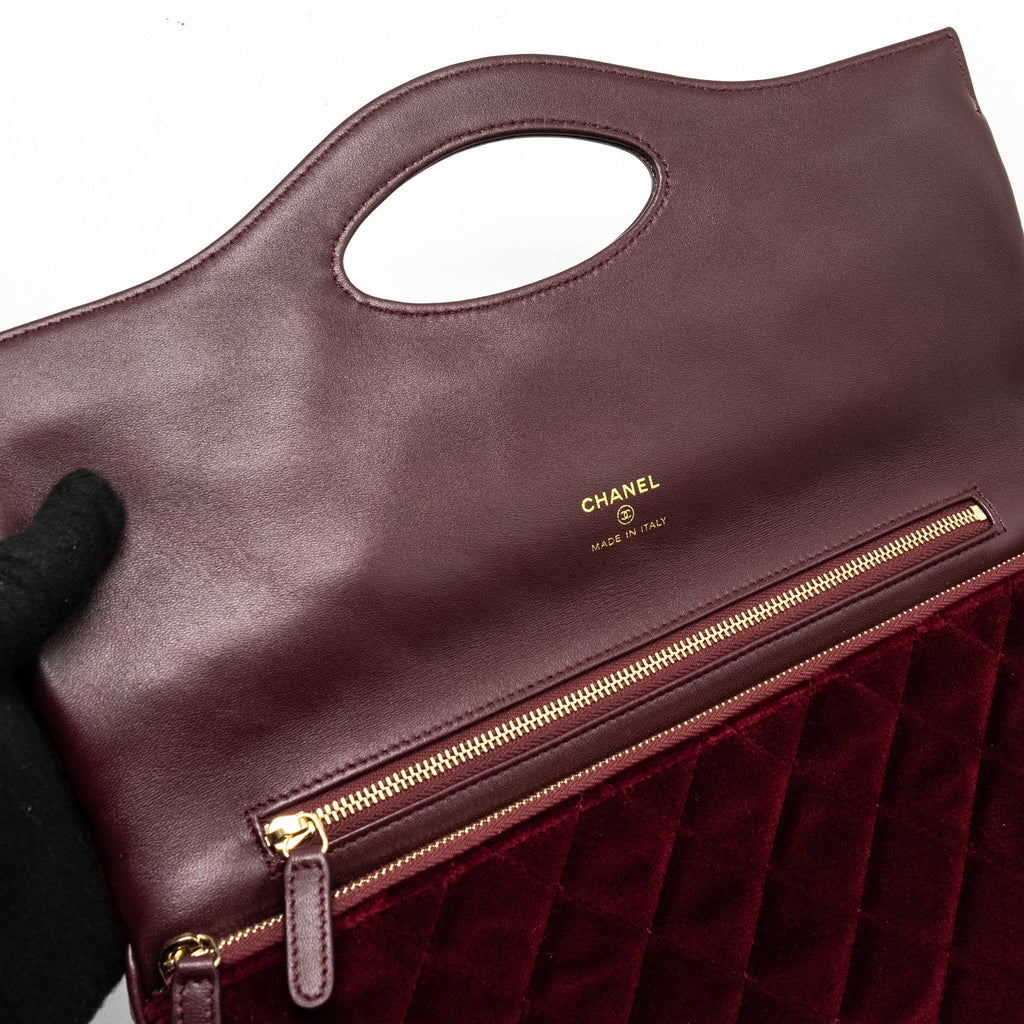 CHANEL FOLDING CLUTCH BAG VELVET/LAMBSKIN BURGUNDY LGHW