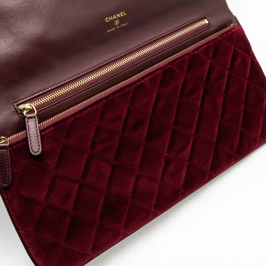 CHANEL FOLDING CLUTCH BAG VELVET/LAMBSKIN BURGUNDY LGHW