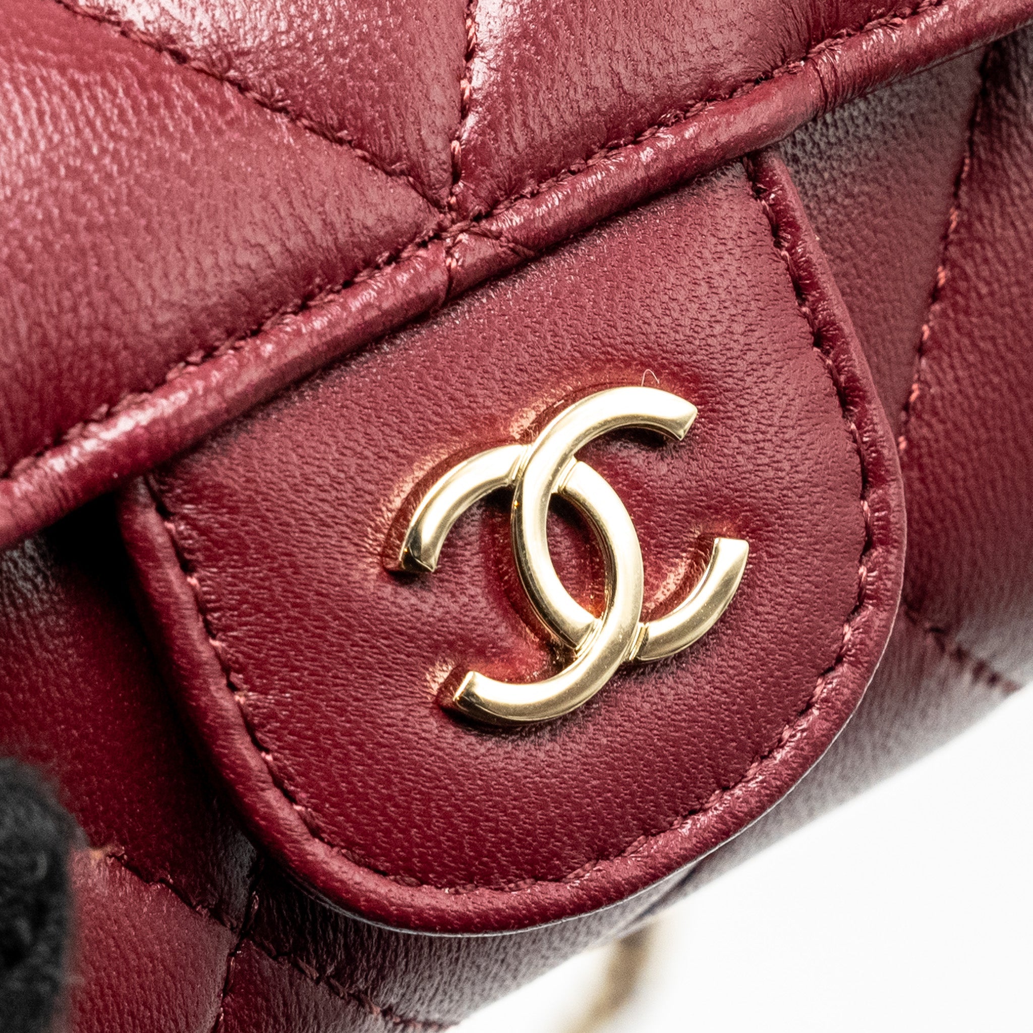 CHANEL QUILTED BOX OF SECRETS LIPSTICK CASE / CARD HOLDER WITH CHAIN LAMBSKIN BURGUNDY GHW