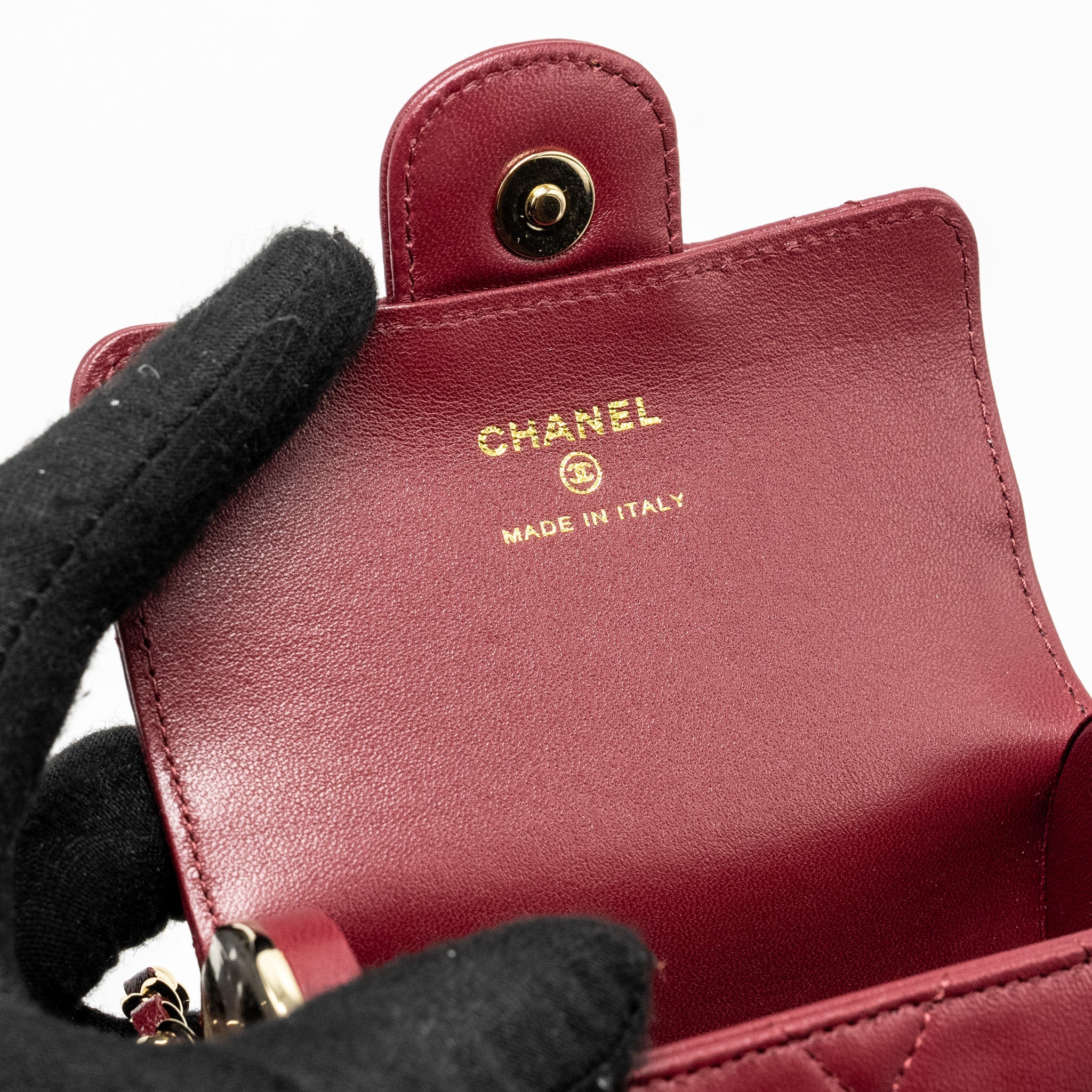CHANEL QUILTED BOX OF SECRETS LIPSTICK CASE / CARD HOLDER WITH CHAIN LAMBSKIN BURGUNDY GHW