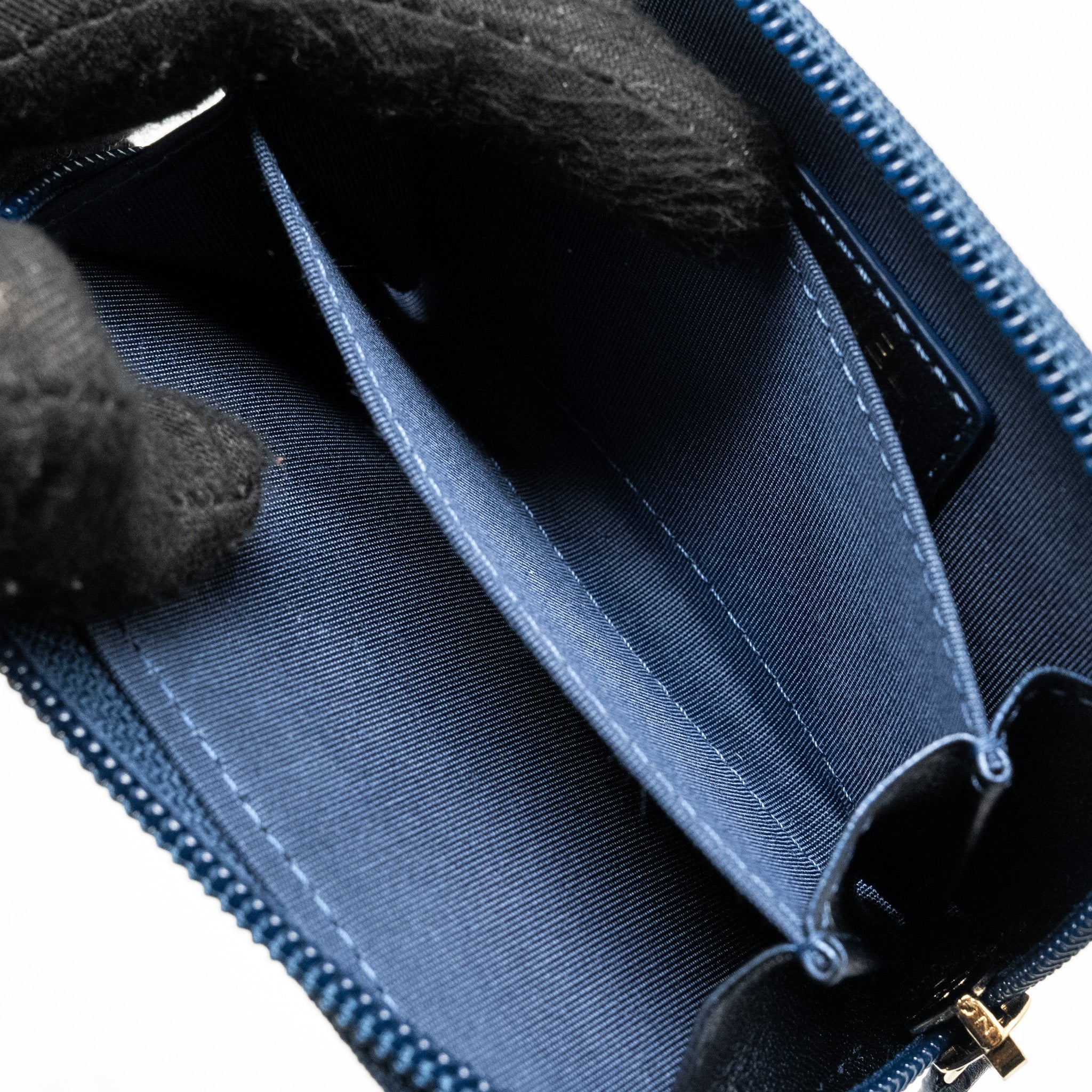 CHANEL BOY ZIP CARD HOLDER/COIN PURSE LAMBSKIN METALLIC BLUE GHW
