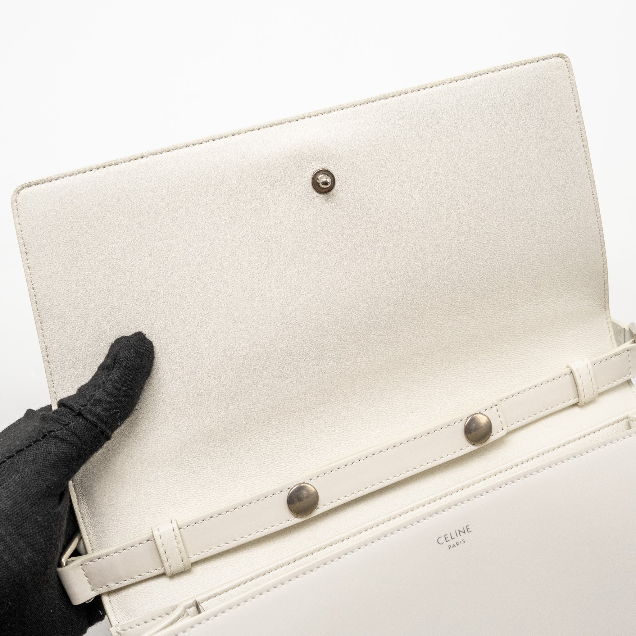 CELINE TRAPEZE TRIOMPHE SHOULDER BAG SHINY CALFSKIN WHITE SHW