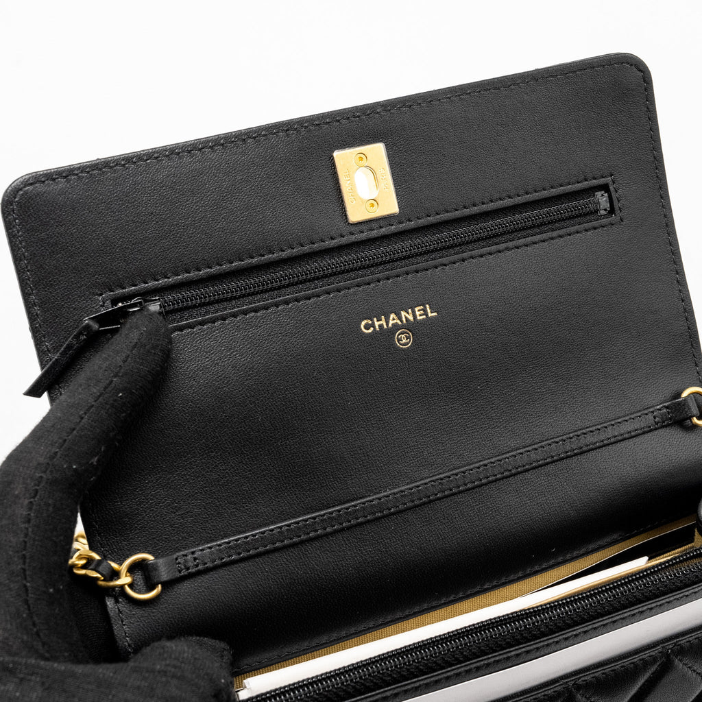 CHANEL PEARL CRUSH WALLET ON CHAIN LAMBSKIN BLACK GHW (MICROCHIP)