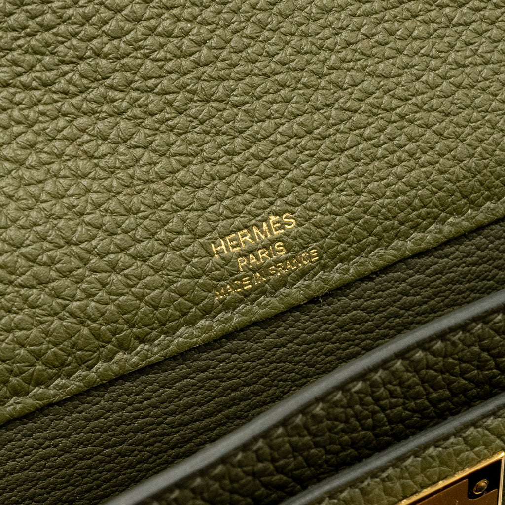 HERMES POCHETTE KELLY DEPECHES 25 CANVAS / TOGO ECRU BEIGE / VERT OLIVE GHW