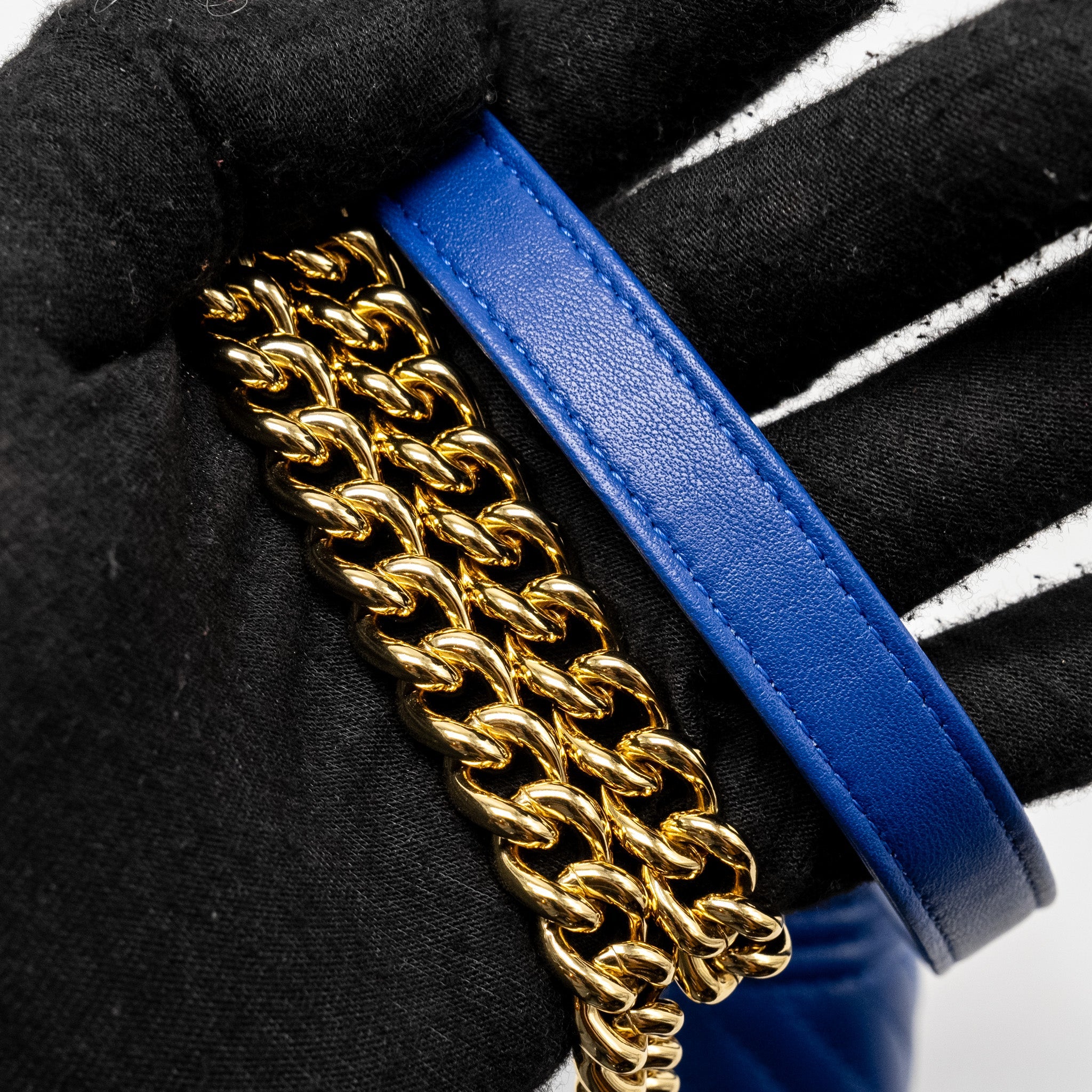 CHANEL BOY CLUTCH WITH CHAIN  CHERVON LAMBSKIN BLUE GHW