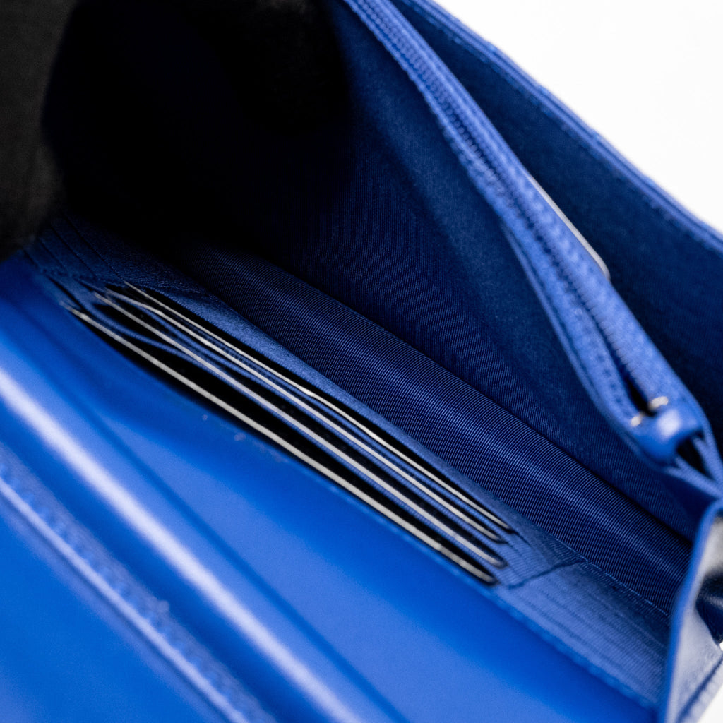 CHANEL BOY CLUTCH WITH CHAIN  CHERVON LAMBSKIN BLUE GHW