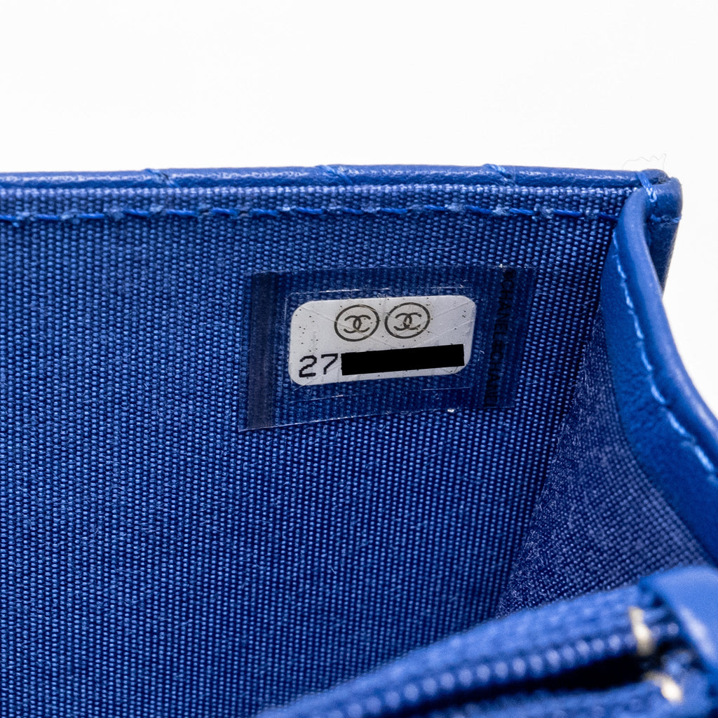 CHANEL BOY CLUTCH WITH CHAIN  CHERVON LAMBSKIN BLUE GHW