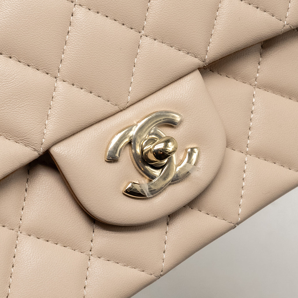 CHANEL TOP HANDLE MINI RECTANGULAR FLAP BAG LAMBSKIN ECRU/DARK BEIGE LGHW(MICROCHIP)