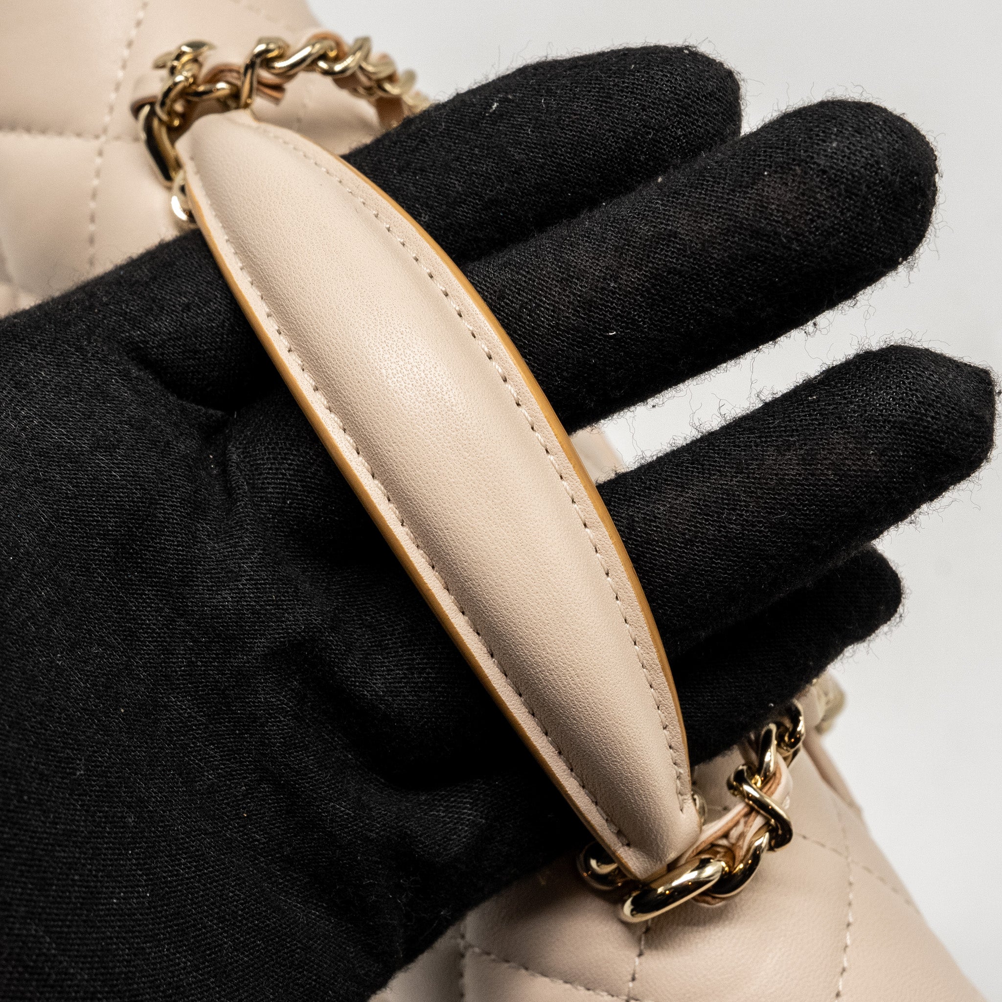CHANEL TOP HANDLE MINI RECTANGULAR FLAP BAG LAMBSKIN ECRU/DARK BEIGE LGHW(MICROCHIP)