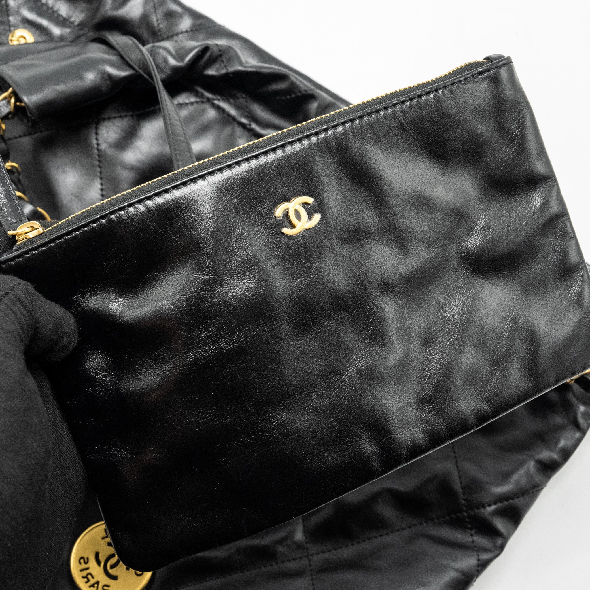 CHANEL SMALL 22 BAG SHINY CALFSKIN BLACK GHW (MICROCHIP)