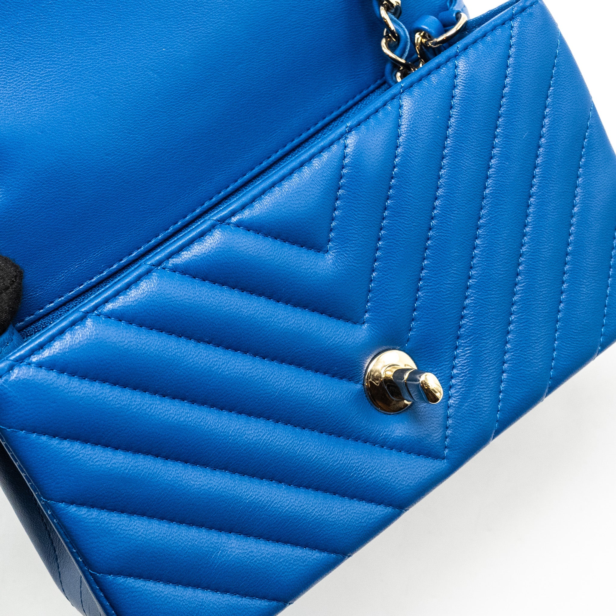 CHANEL MINI RECTANGULAR FLAP BAG CHEVRON LAMBSKIN BLUE LGHW