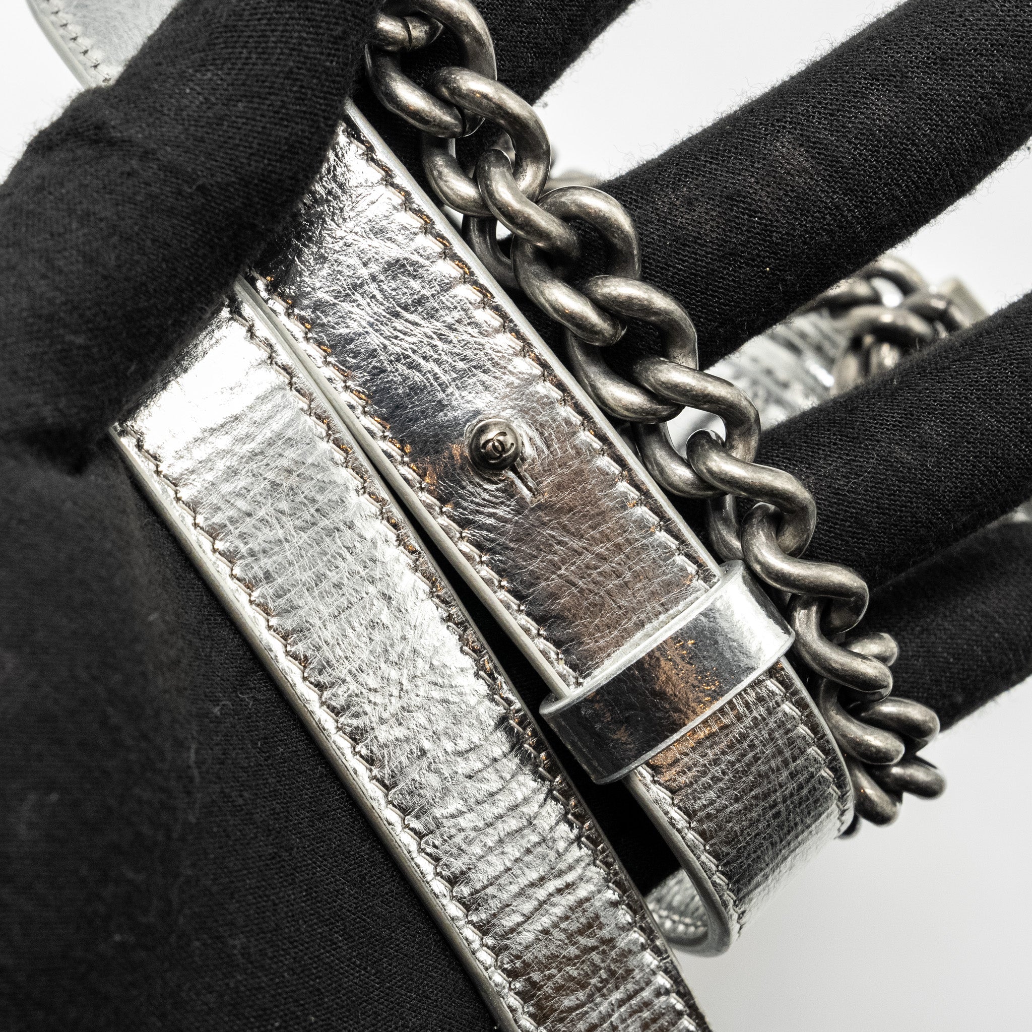 CHANEL BOY NORTH SOUTH FLAP BAG PATENT /GOATSKIN SILVER RUTHENIUM HARDWARE
