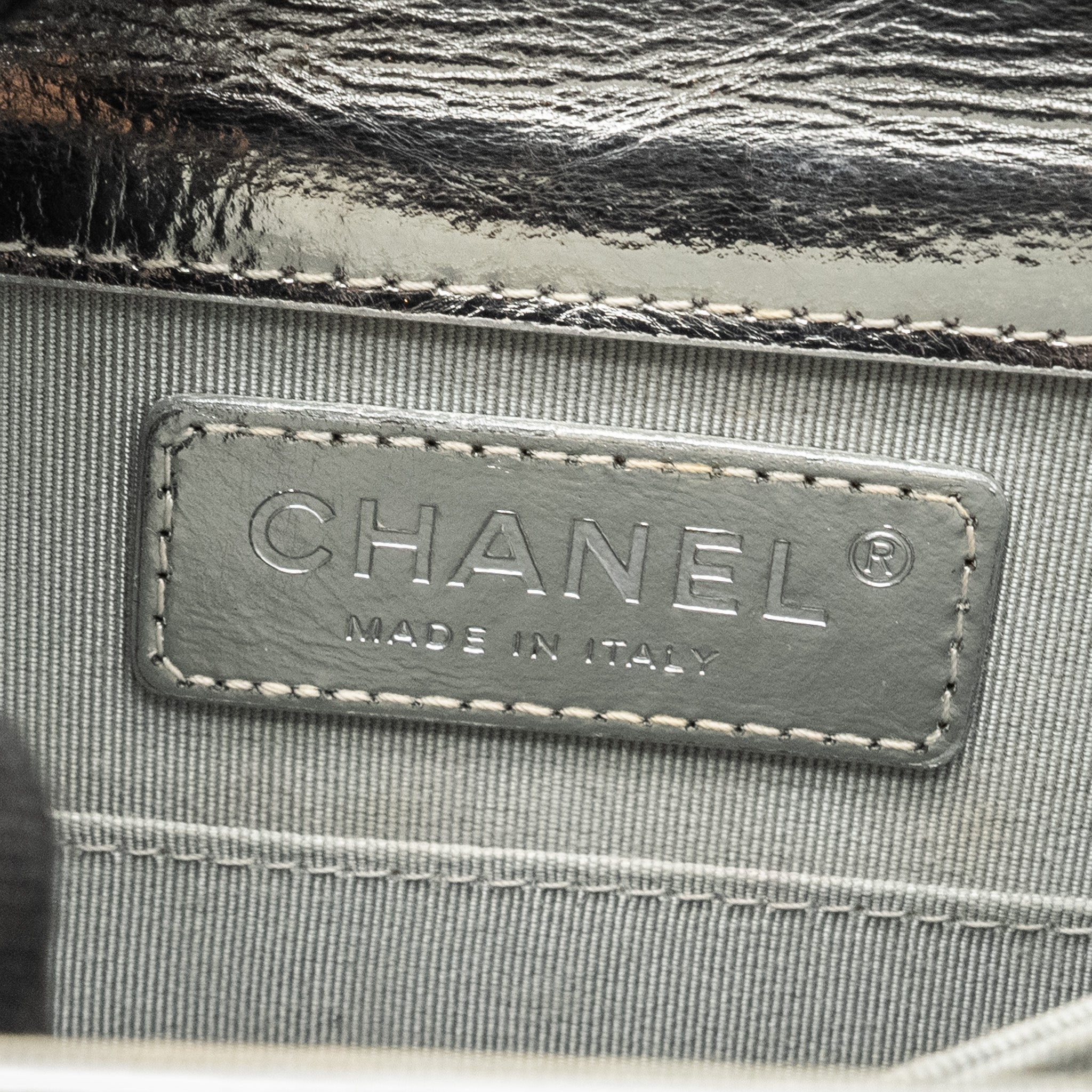 CHANEL BOY NORTH SOUTH FLAP BAG PATENT /GOATSKIN SILVER RUTHENIUM HARDWARE