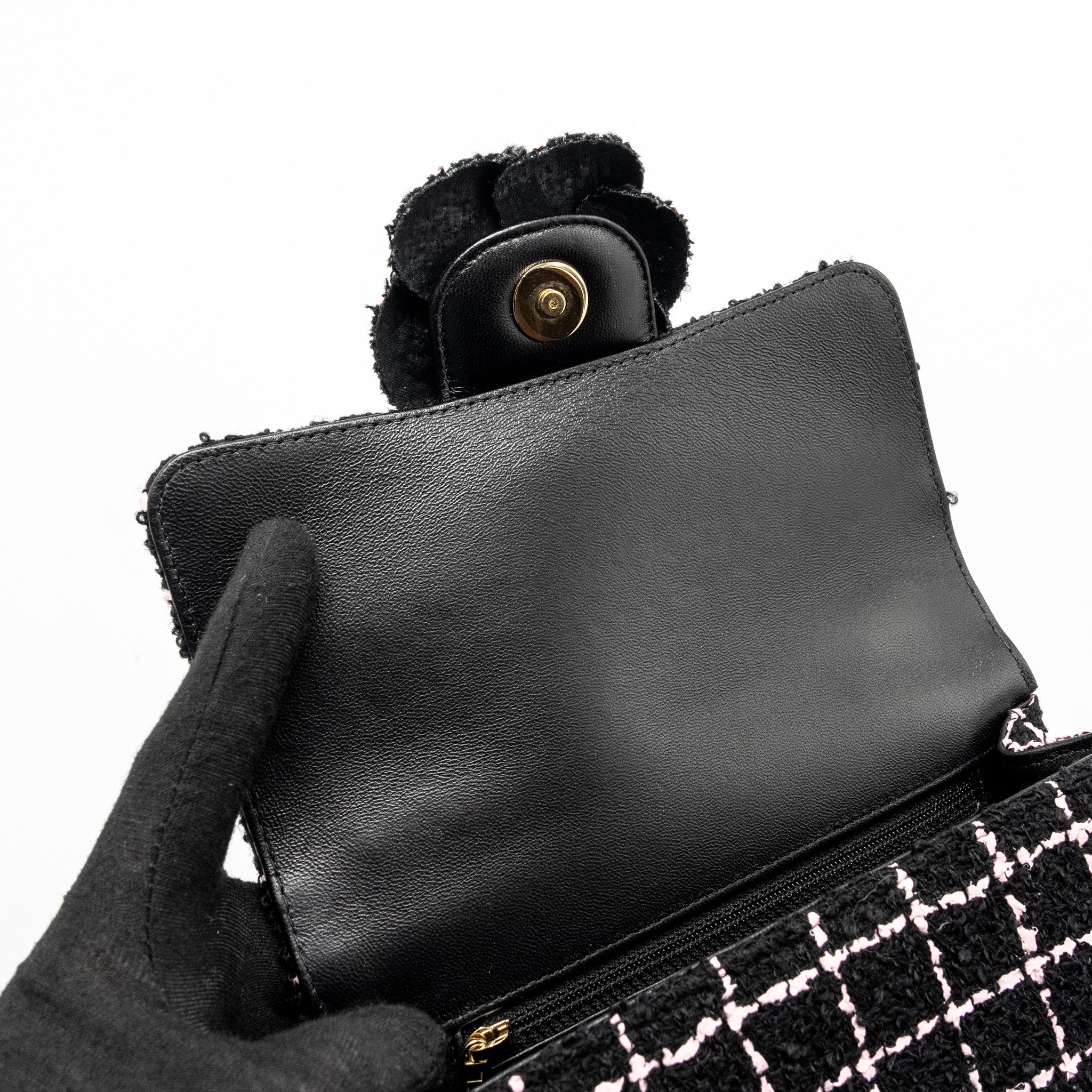 CHANEL 23K FLOWER BOMB MINI RECTANGULAR FLAP BAG TWEED BLACK/PINK LGHW (MICROCHIP)