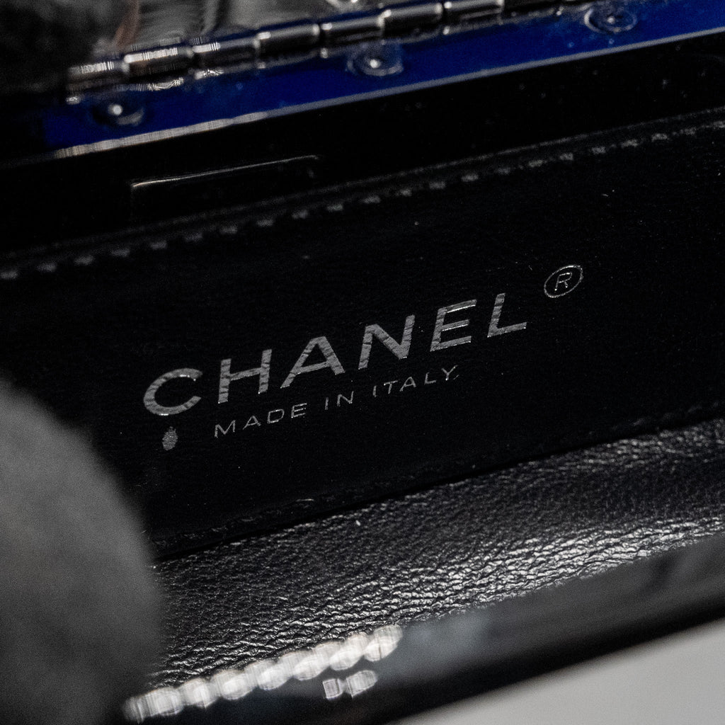 CHANEL 21K PLEXI FLAP EVENING BAG BLUE/BLACK WITH BLACK HARDWARE (MICROCHIP)