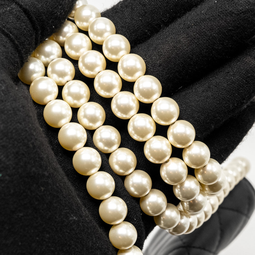 CHANEL MINI FLAP PURSE WITH PEARL CHAIN CALFSKIN GHW