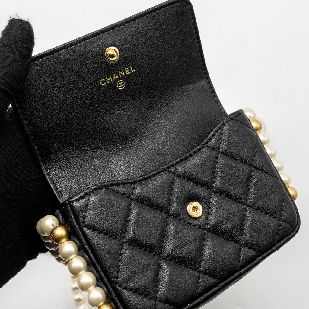 CHANEL MINI FLAP PURSE WITH PEARL CHAIN CALFSKIN GHW