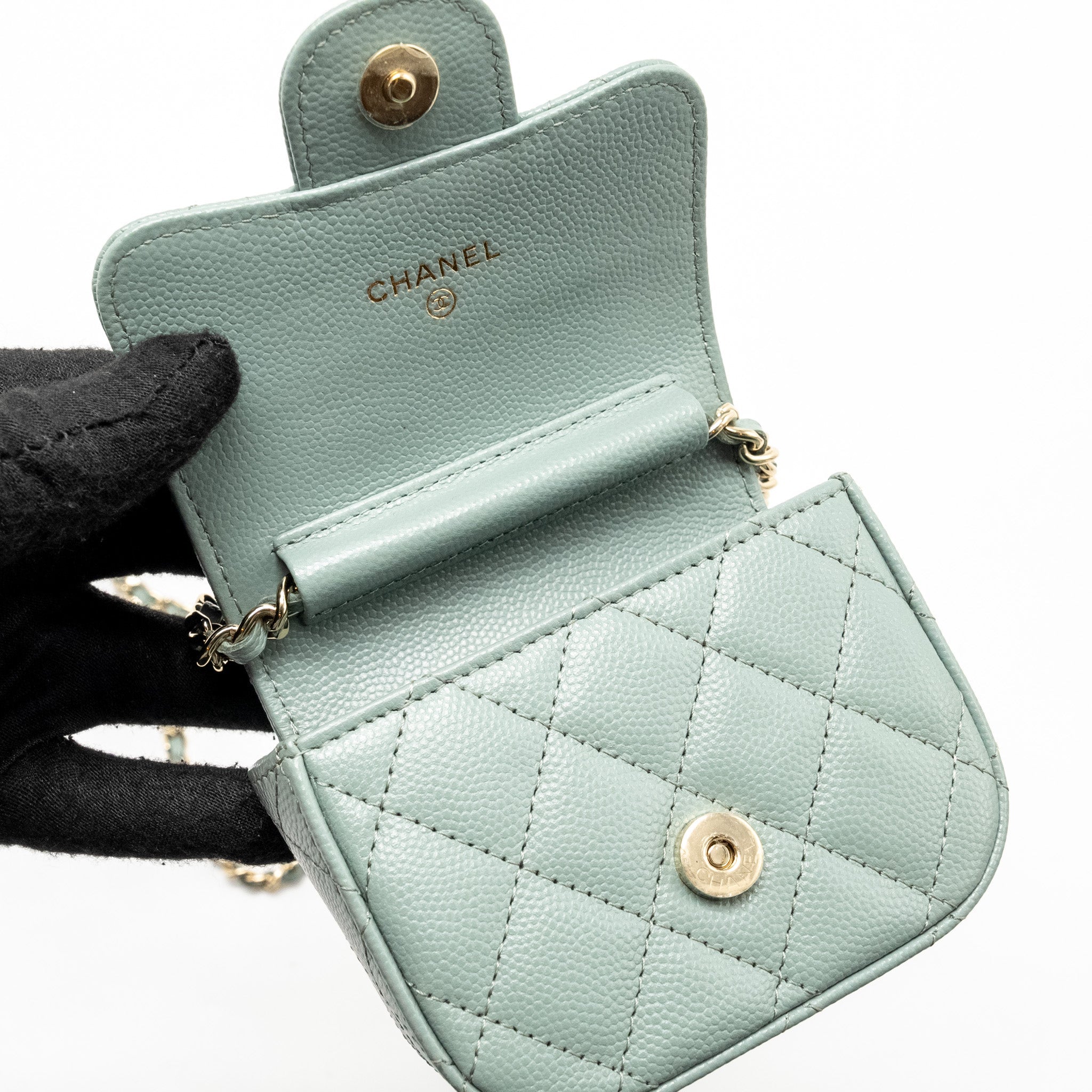 CHANEL MINI FLAP VANITY WITH CHAIN CAVIAR LIGHT GREEN LGHW