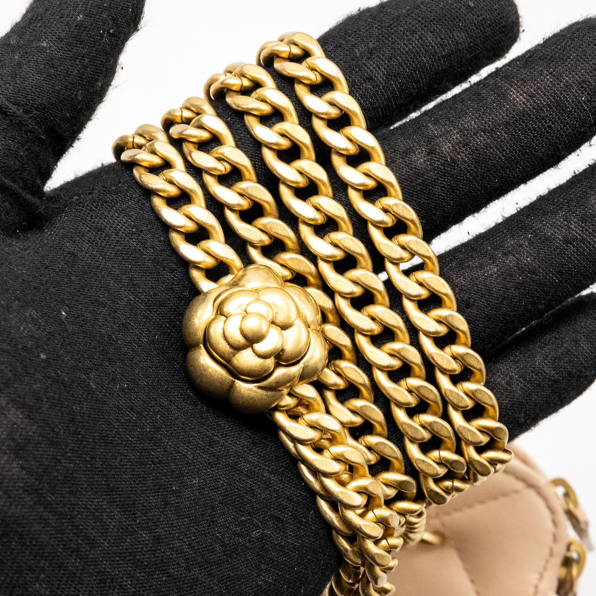 CHANEL MINI VANITY CASE WITH CAMELLIA ADJUSTABLE CHAIN LAMBSKIN BEIGE GHW (MICROCHIP)