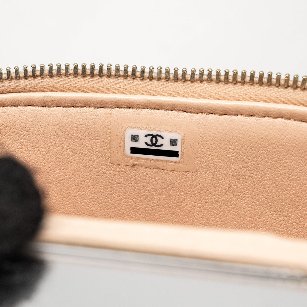 CHANEL MINI VANITY CASE WITH CAMELLIA ADJUSTABLE CHAIN LAMBSKIN BEIGE GHW (MICROCHIP)