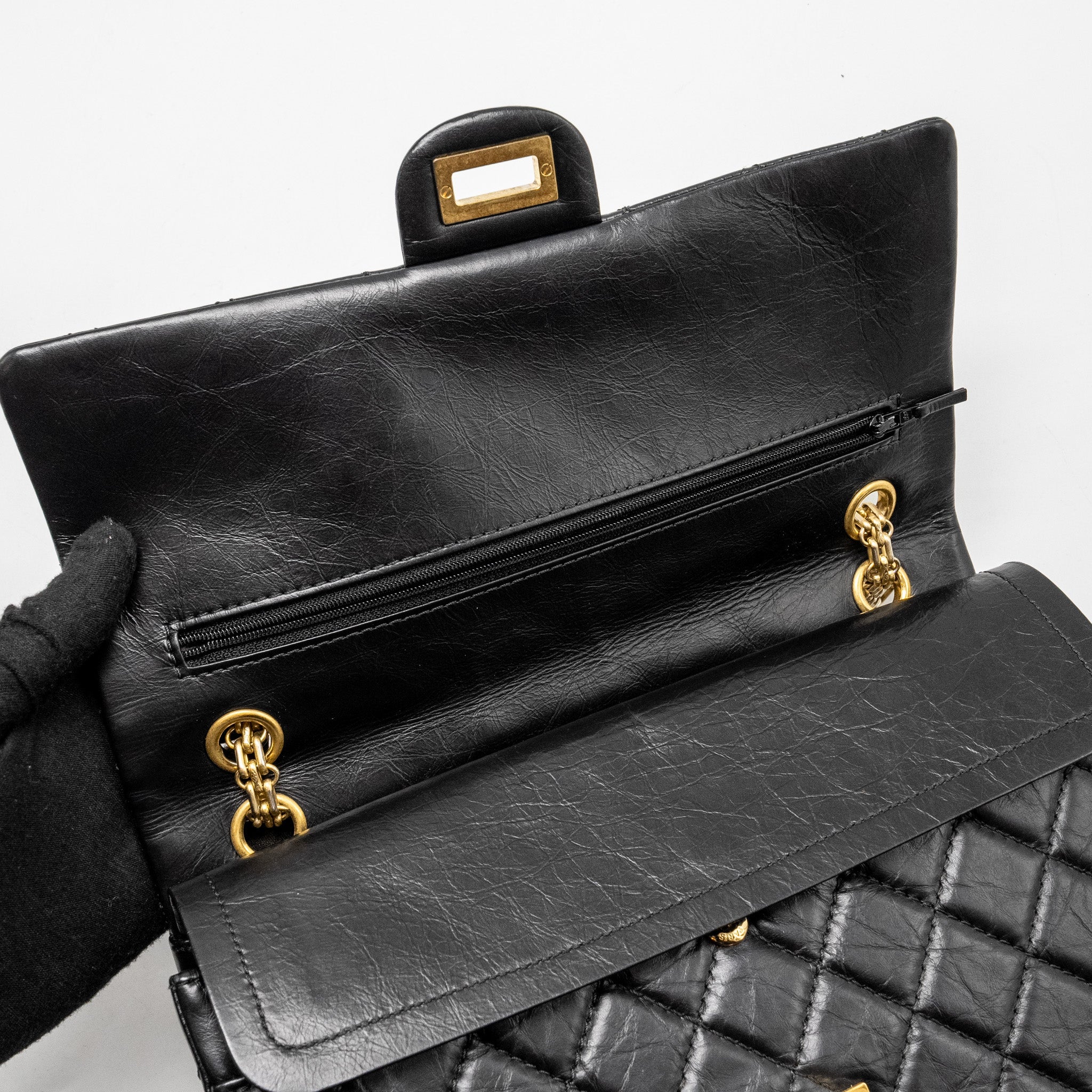 CHANEL LARGE 2.55 226 REISSUE DOUBLE FLAP BAG AGED CALFSKIN BLACK GHW
