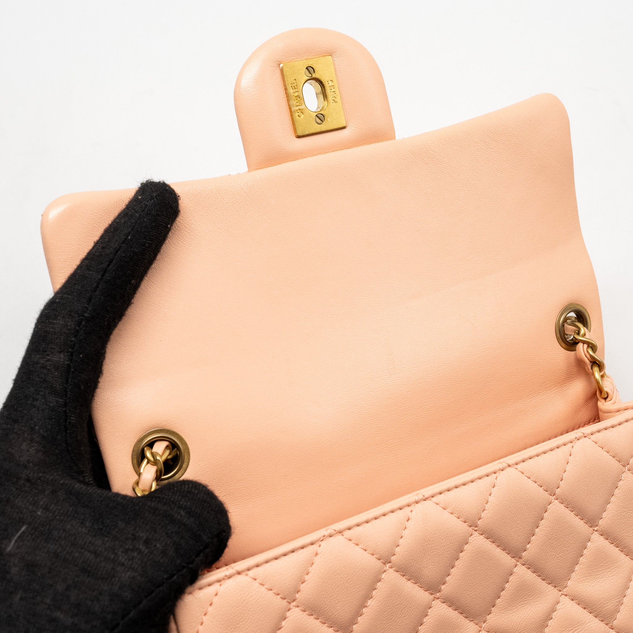 CHANEL PEARL CRUSH MINI RECTANGULAR FLAP BAG LAMBSKIN PINK GHW (MICROCHIP)
