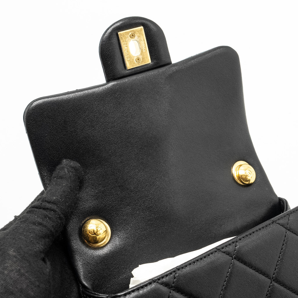 CHANEL 23C ROUND HANDLE MINI SQUARE FLAP BAG LAMBSKIN BLACK GHW (MICROCHIP)