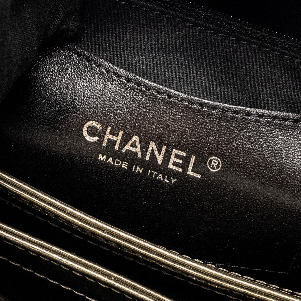 CHANEL JUST MADEMOISELLE BOWLING BAG PATENT METALLIC GOLD / SILVER SHW