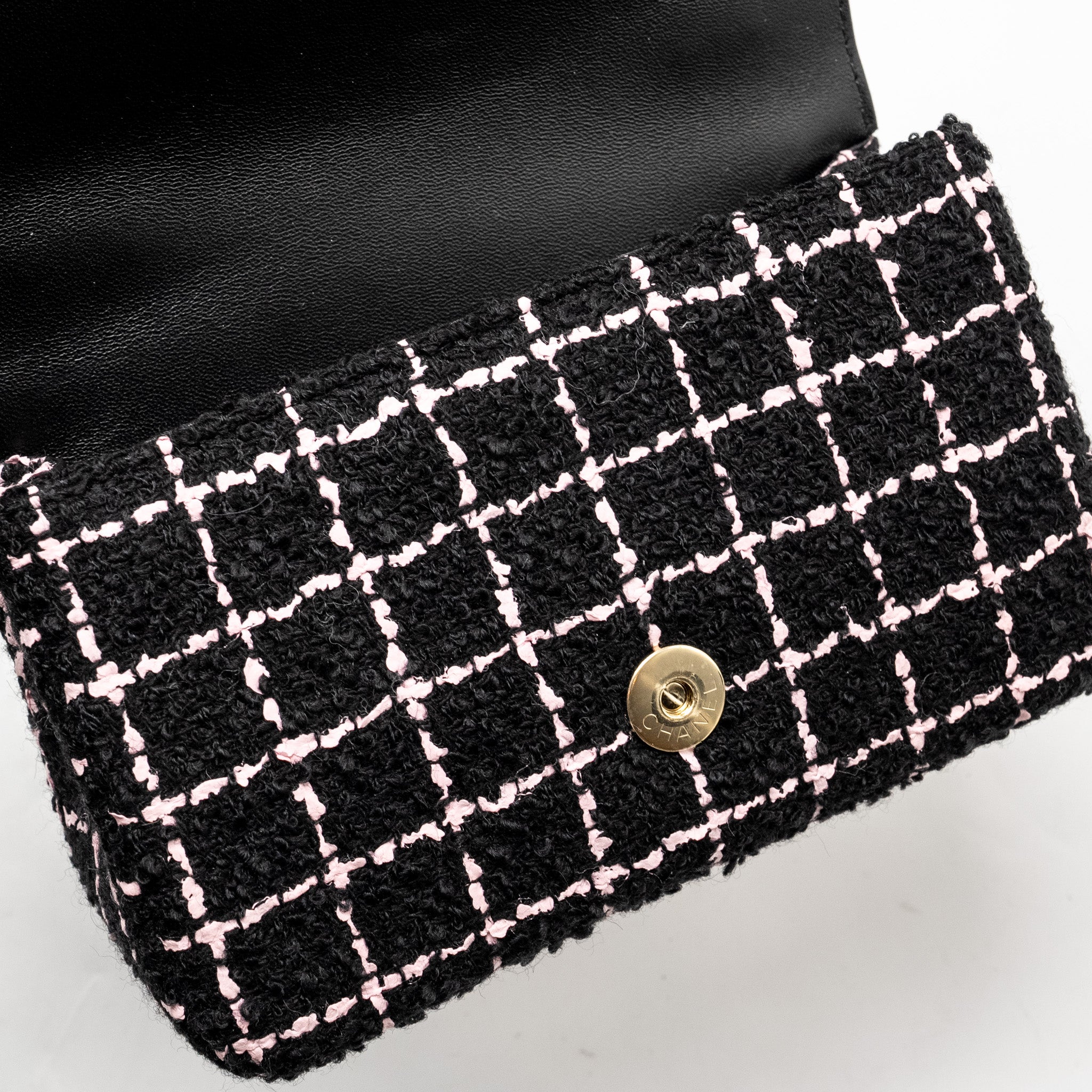 CHANEL 23K FLOWER BOMB MINI RECTANGULAR FLAP BAG TWEED BLACK / PINK LGHW (MICROCHIP)