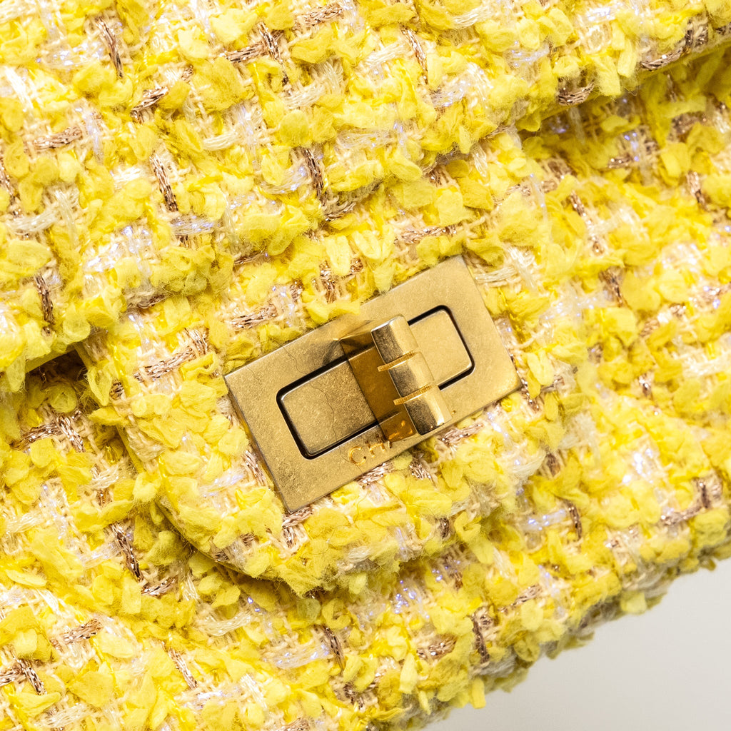 CHANEL MINI 2.55 REISSUE FLAP BAG TWEED YELLOW GHW