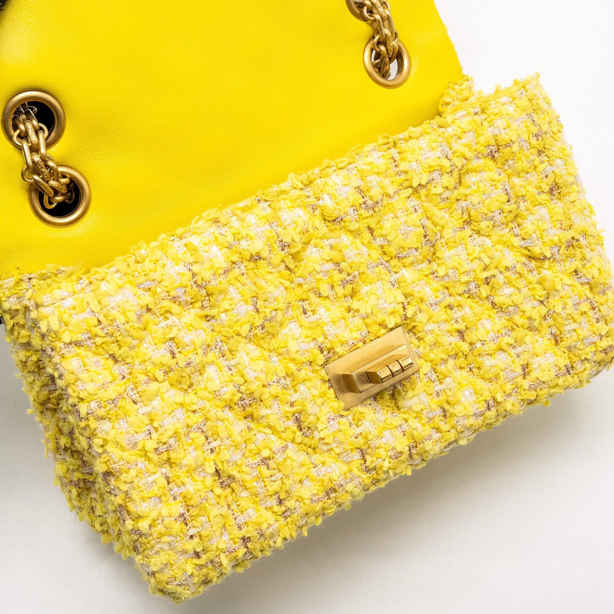 CHANEL MINI 2.55 REISSUE FLAP BAG TWEED YELLOW GHW