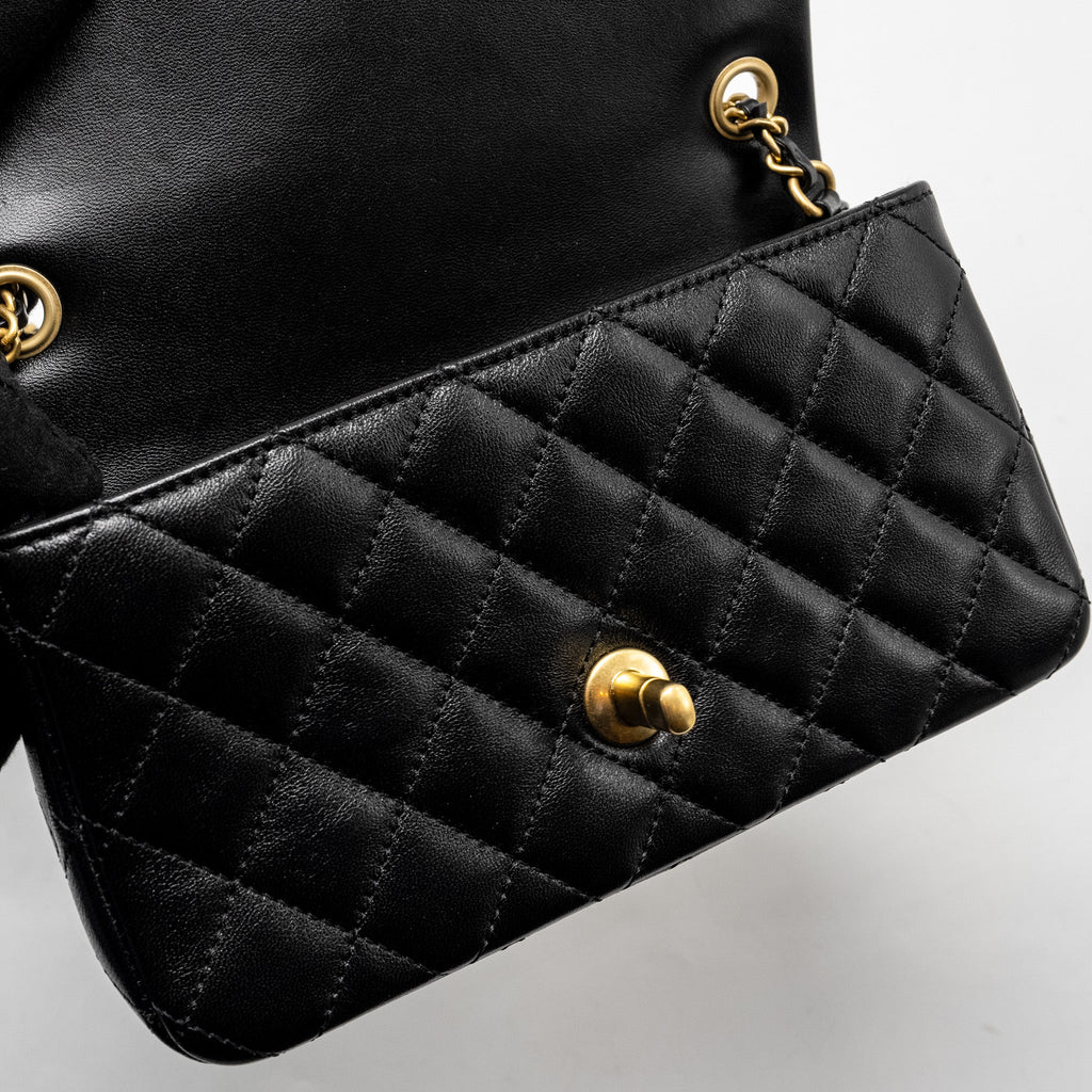 CHANEL 24K PEARL CRUSH MINI RECTANGULAR FLAP BAG SHINY LAMBSKIN BLACK GHW (MICROCHIP)